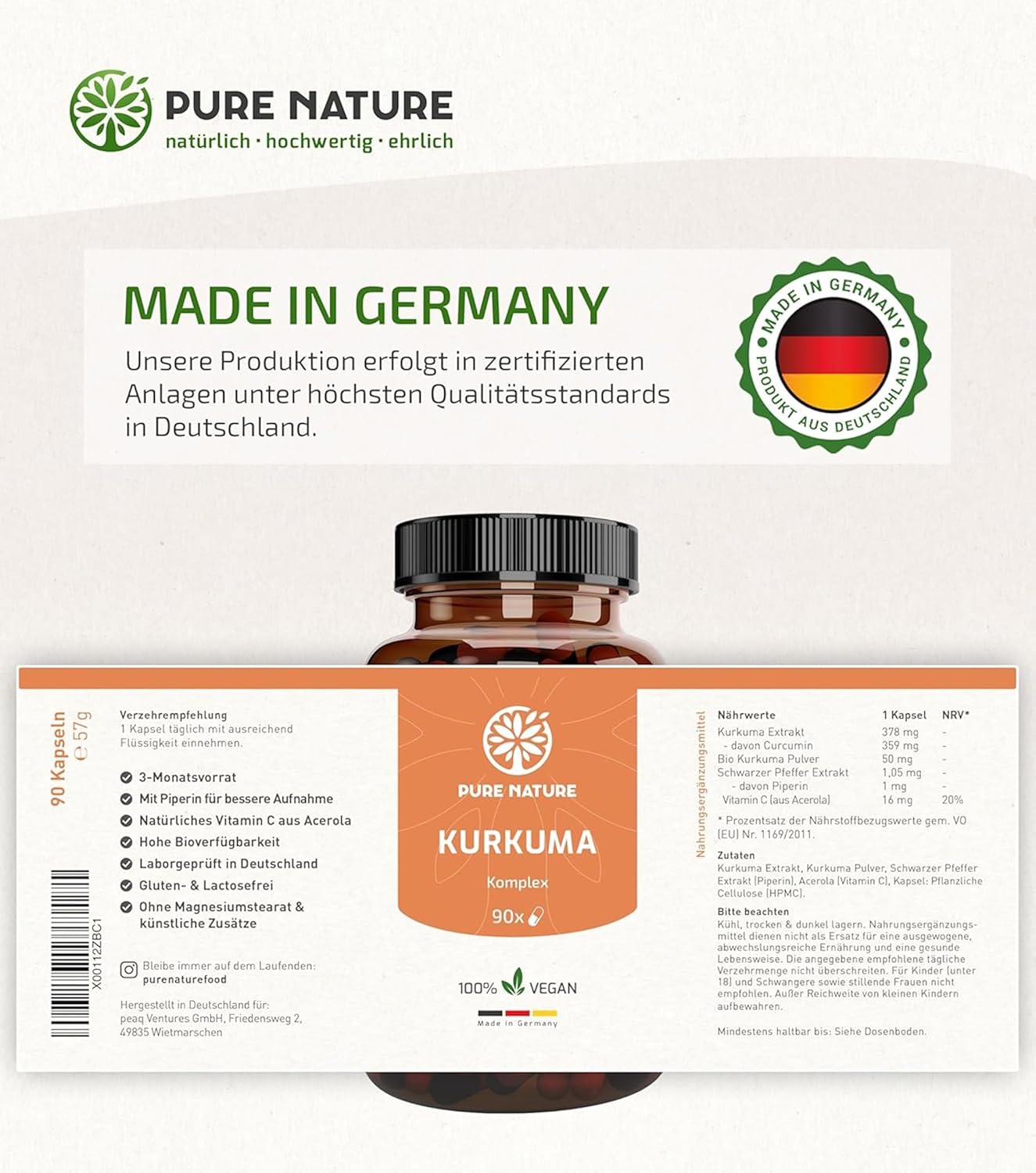 Thumbnail 6 de Pure Nature Kurkuma Komplex hochdosiert – 90 Kapseln mit Curcumin, Piperin und Vitamin C
