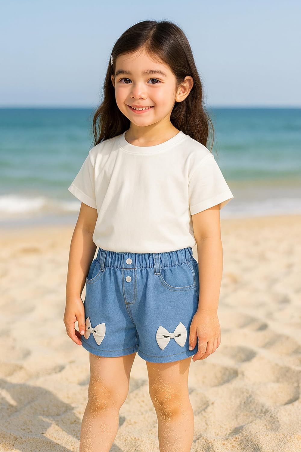 Detalle 2 de ES-UK Girls Denim Shorts: Soft Cotton Elastic Waist Denim for Ages 5–10