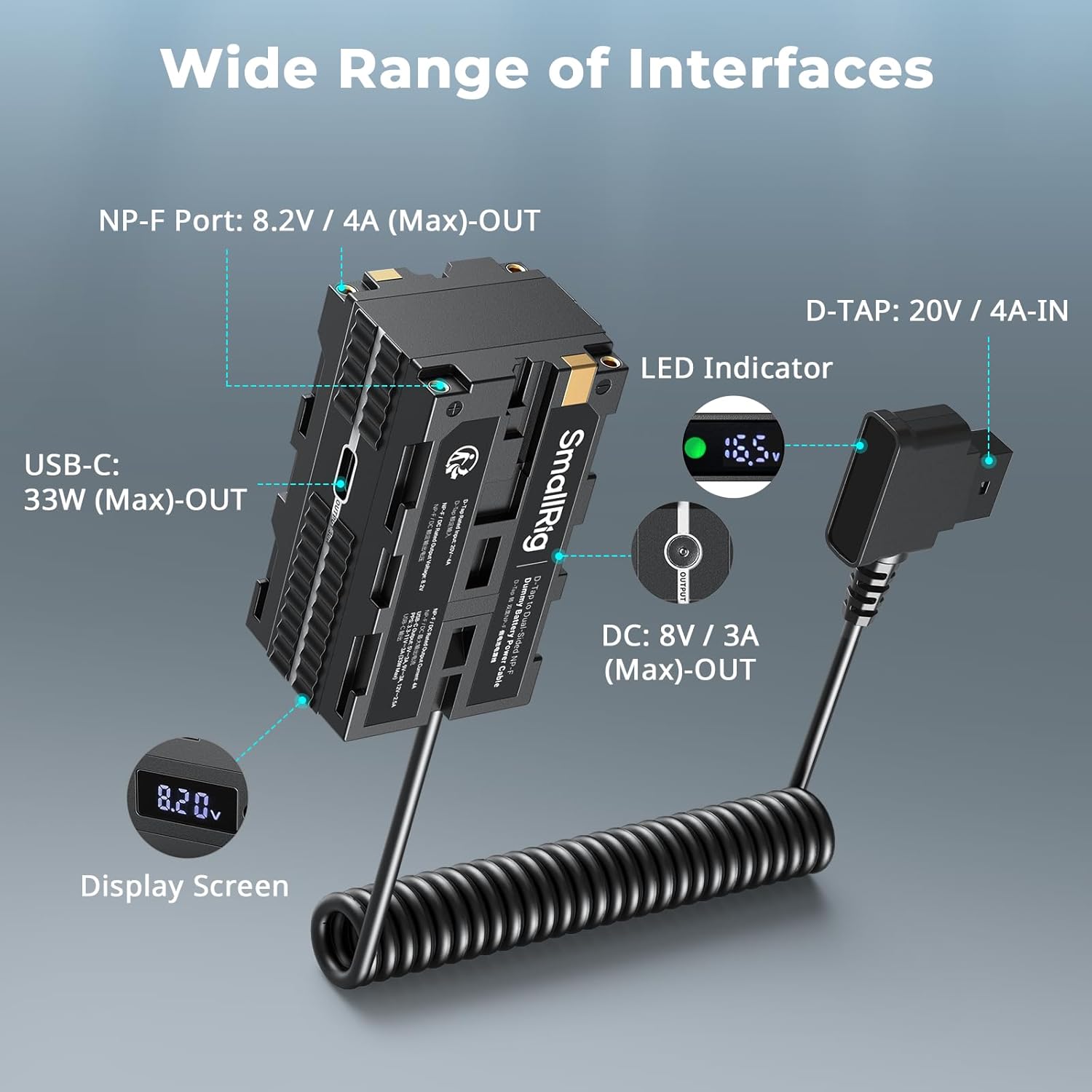 Thumbnail 1 de SmallRig D-tap to Dual-Sided NP-F Dummy Battery with USB-C, DC Port and LED Display (4884)