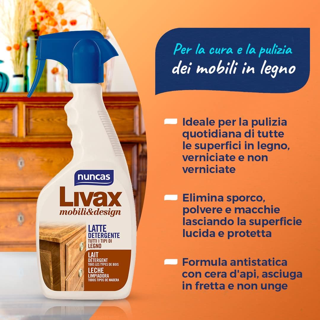 Detalle de Nuncas Livax Mobili&Design Latte Detergente Legno 500ml – Cura delicata per legno verniciato e naturale