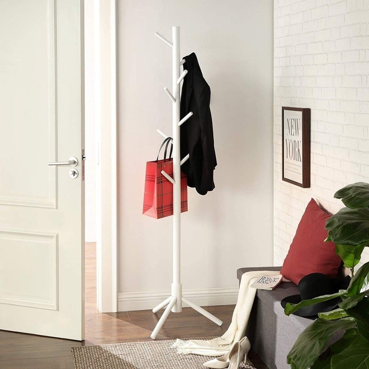 Detalle 2 de VASAGLE RCR04WT Wooden Coat Rack, White, 8 Hooks and 3 Adjustable Heights