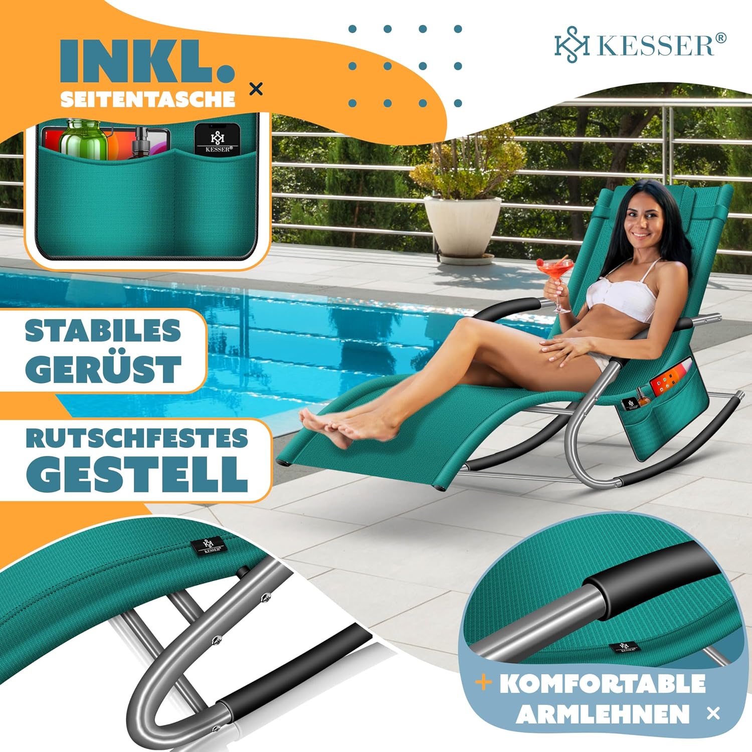 Thumbnail 3 de KESSER® Sonnenliege Relaxliege Schwungliege – ergonomischer Schaukelsessel für den Garten, Petrolgrün