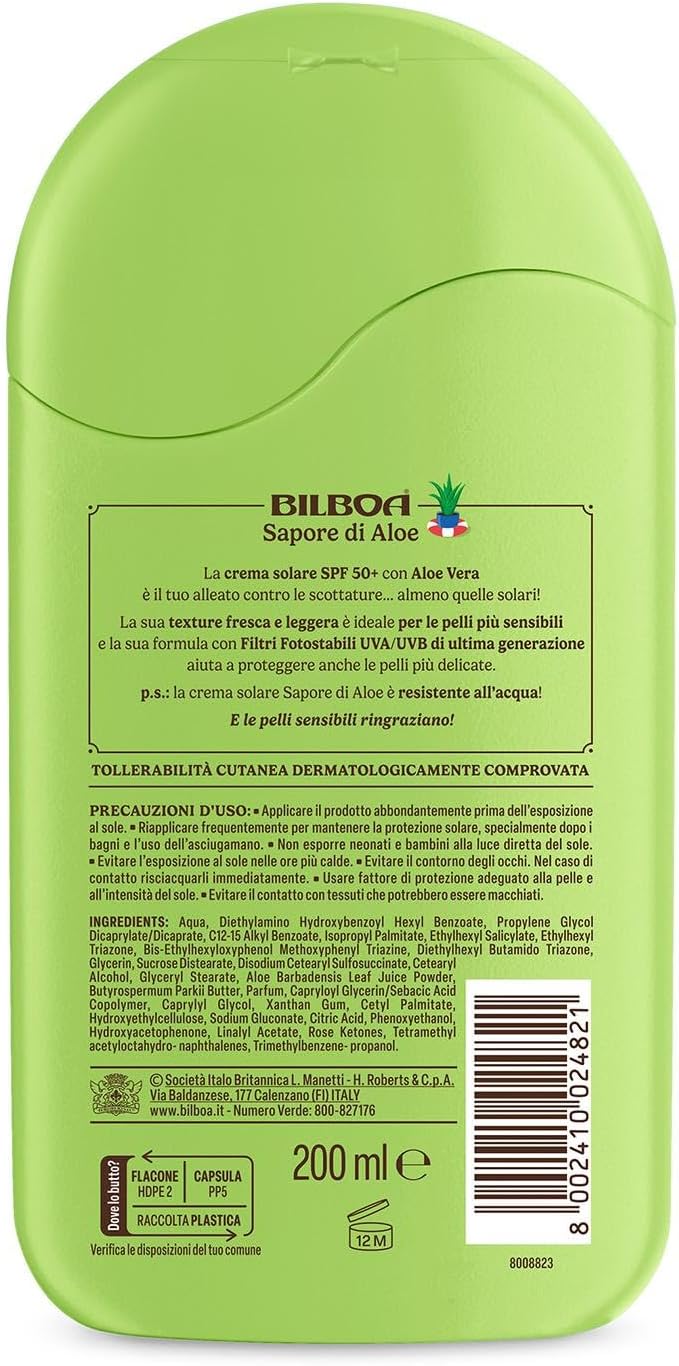 Detalle de Bilboa Sapore di Aloe Latte Solare SPF 50+ – Protezione delicata per pelli sensibili, texture fresca