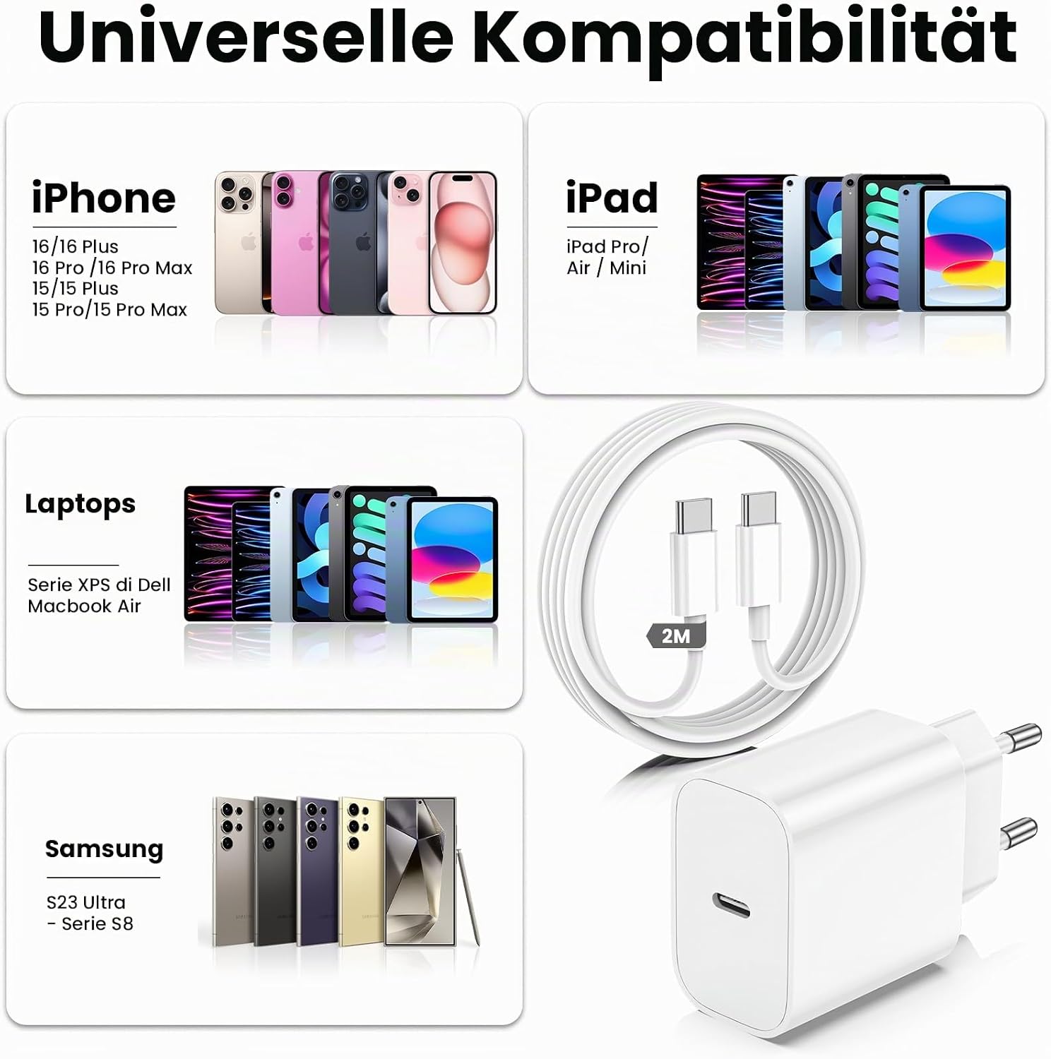 Thumbnail 6 de USB-C Schnellladegerät mit 20W und 2 m Kabel – kompatibel mit iPhone, iPad und vielen Geräten
