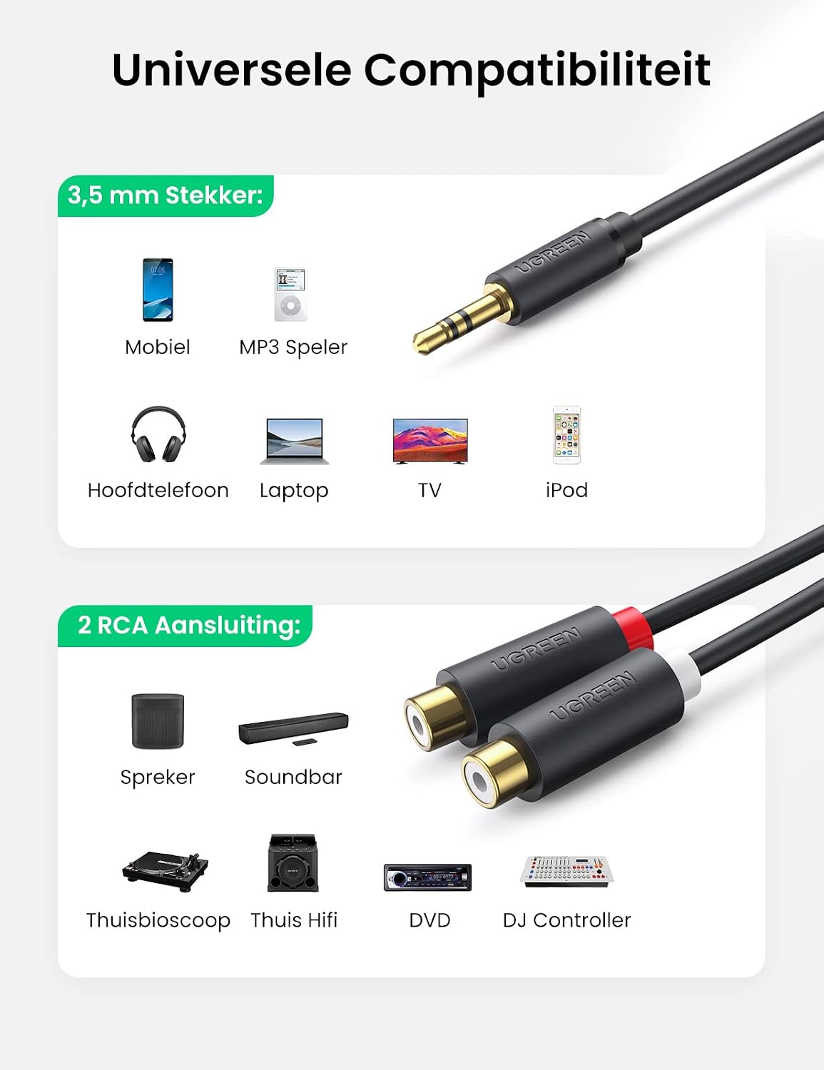 Detalle de UGREEN 3,5mm-jackadapter naar 2 cinchbussen, stereo, 20 cm