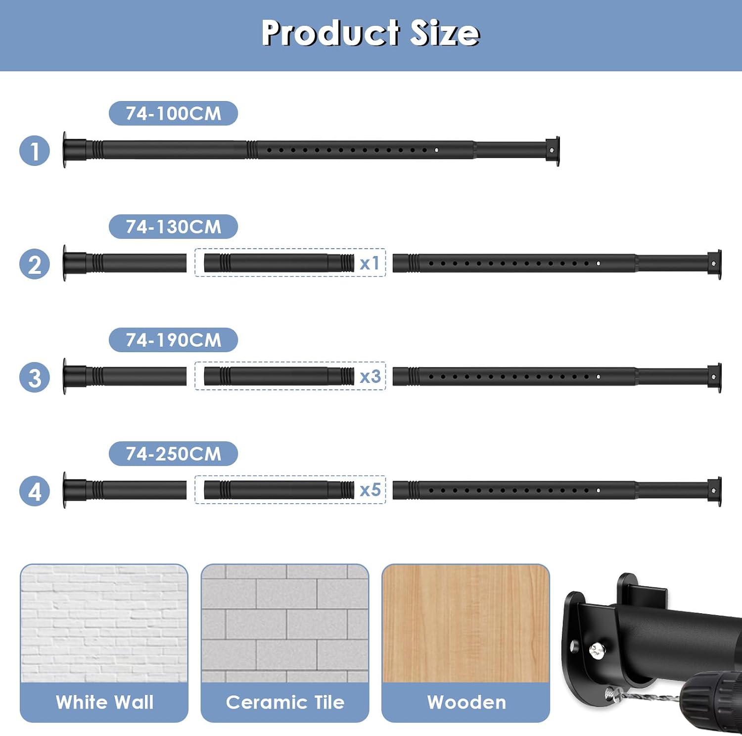 Detalle 2 de Wardrobe Rail 32mm Retractable 74–190cm