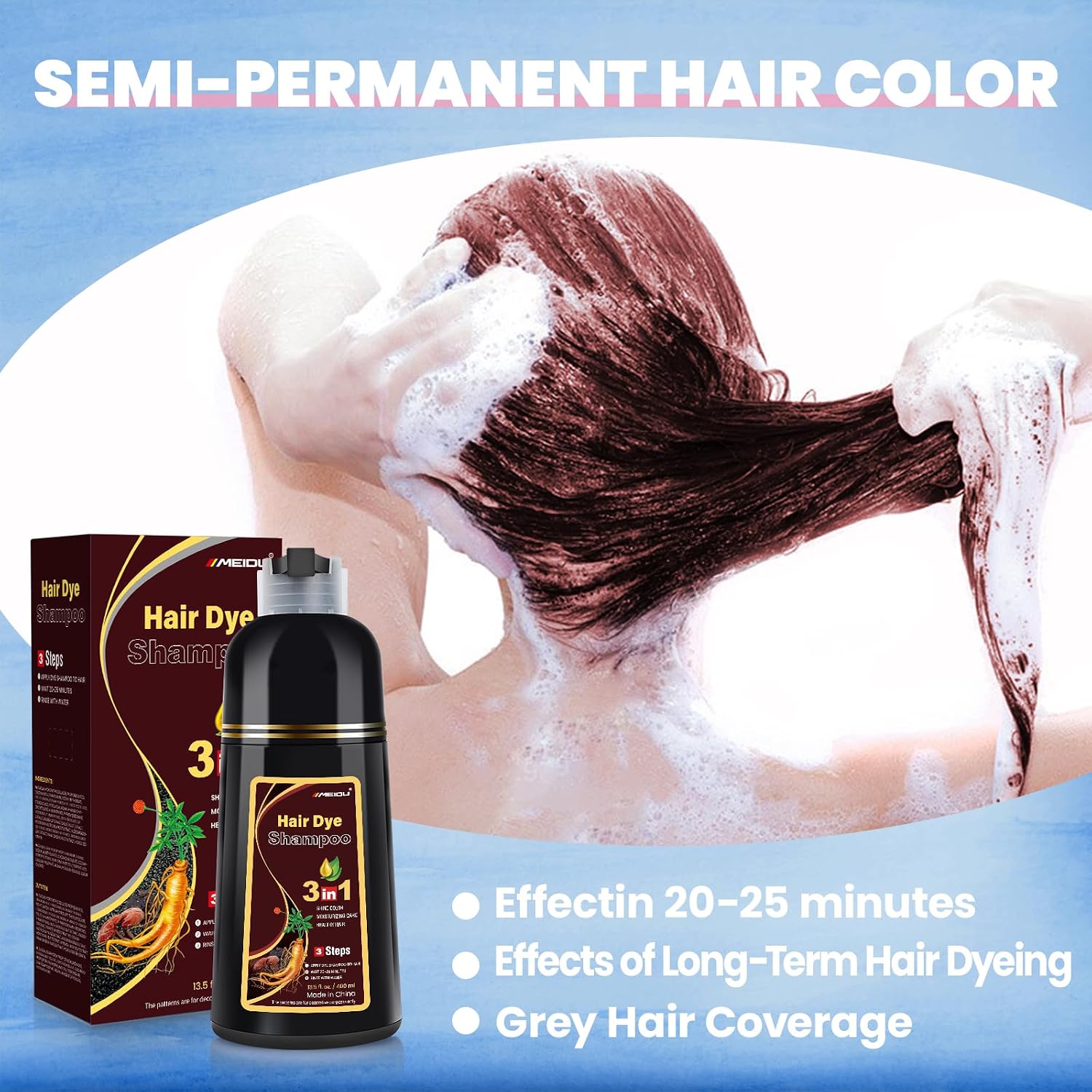 Detalle 2 de IIIMEIDU Burgundy Hair Dye Shampoo 3 in 1 for Gray Hair (500ml)
