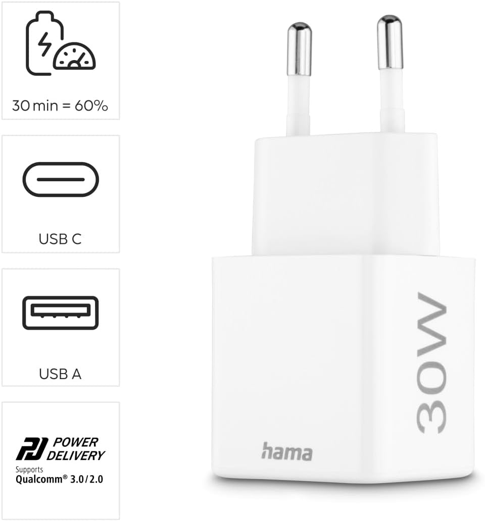 Thumbnail 1 de Chargeur rapide USB 30W compatible iPhone & Samsung Hama (PD + QC 3.0, 2 ports) blanc