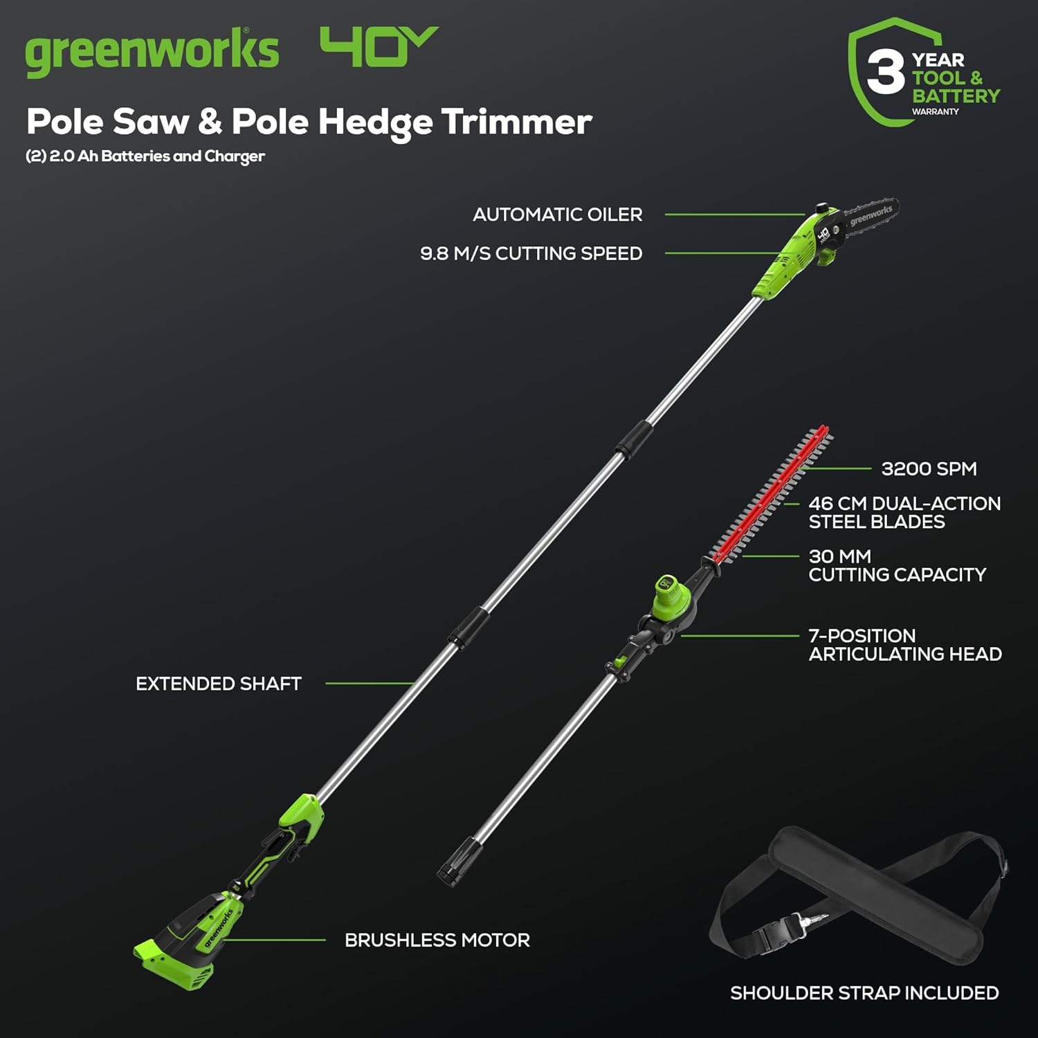 Thumbnail 1 de Greenworks 40V 2-en-1 scie à perche et taille-haie à perche sans fil, moteur sans balais, lame double action