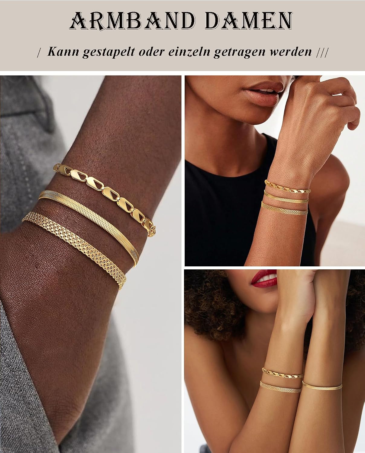Detalle 2 de FUNElA 3er Armband-Set Damen, vergoldet