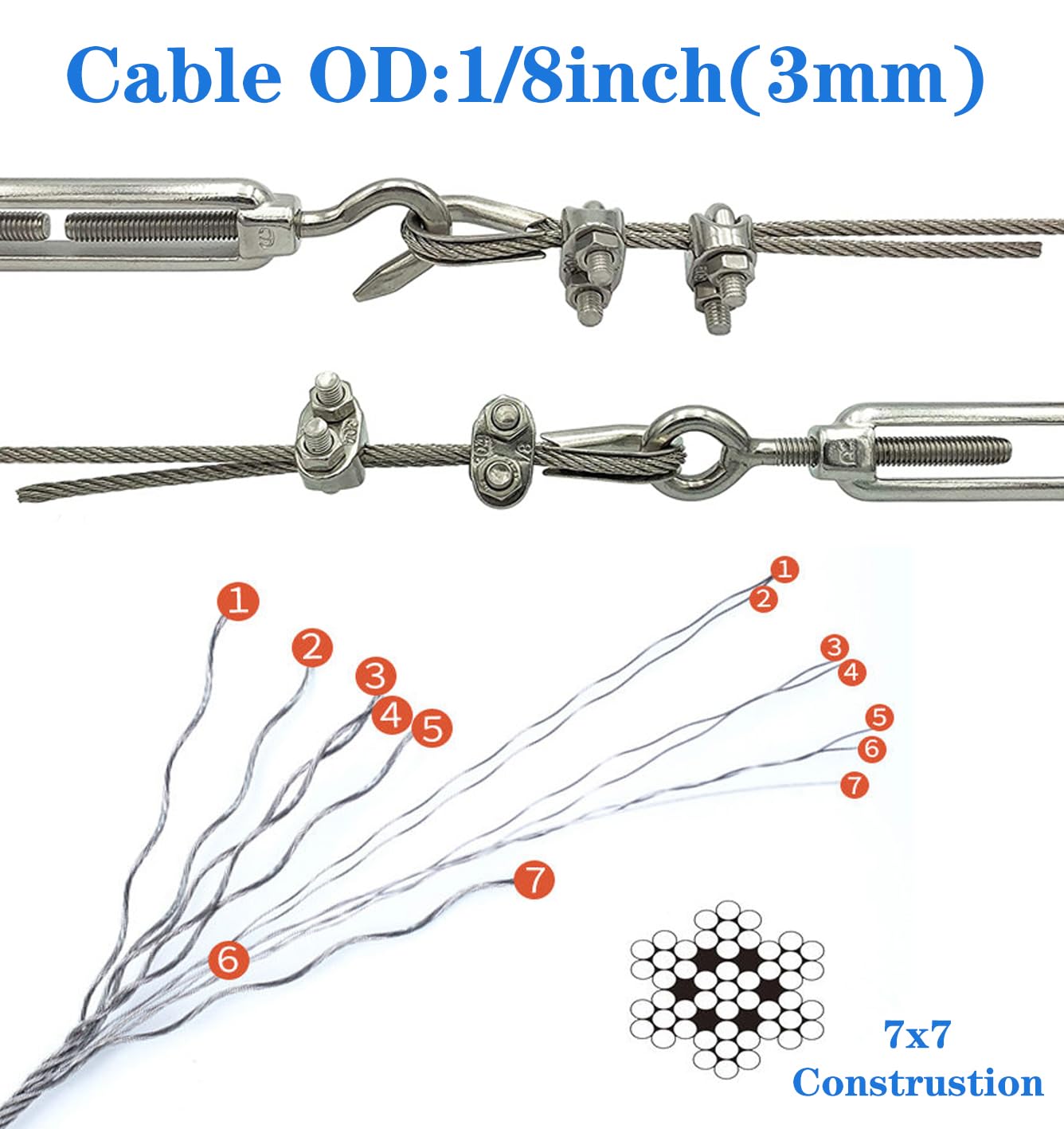 Thumbnail 5 de Roxanned 30m Stainless Steel Wire Rope Kit (3mm) with M5 Turnbuckles, Clips & Thimble for DIY Garden Projects