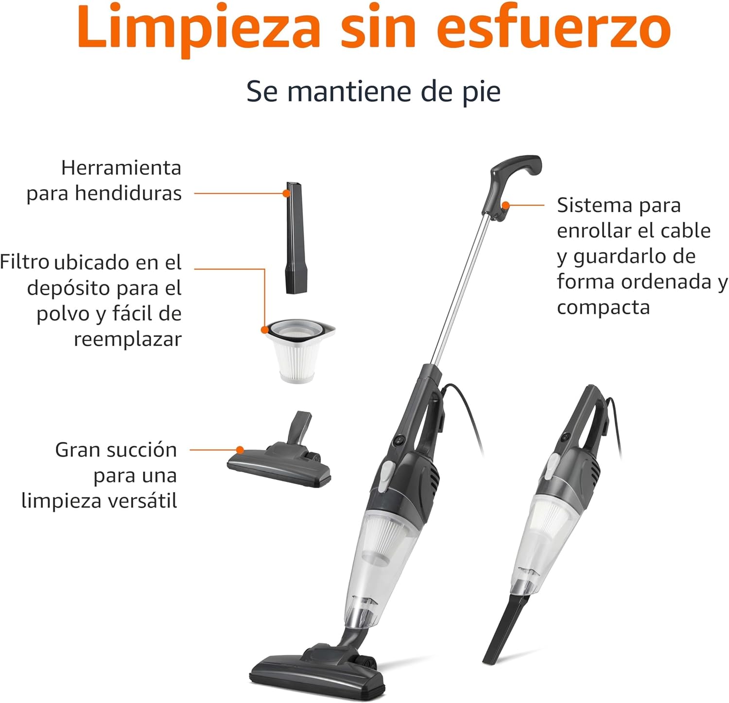 Detalle de Amazon Basics Stielstaubsauger 2-in-1 – kabelgebunden, ECO-Motor, austauschbarer Filter
