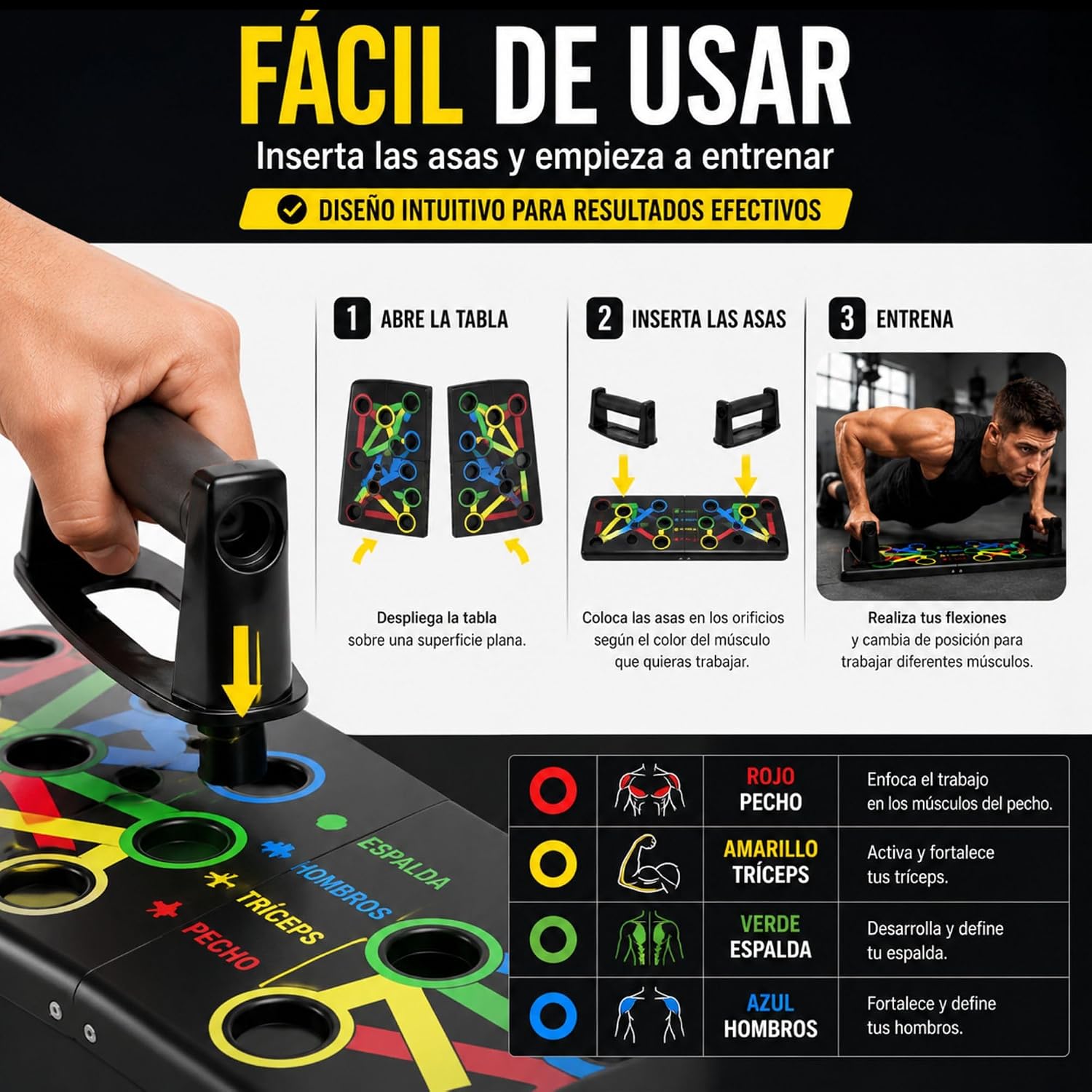 Detalle de MAGIC SELECT 14-in-1 push-up-board met kleurcodes en antislip handgrepen