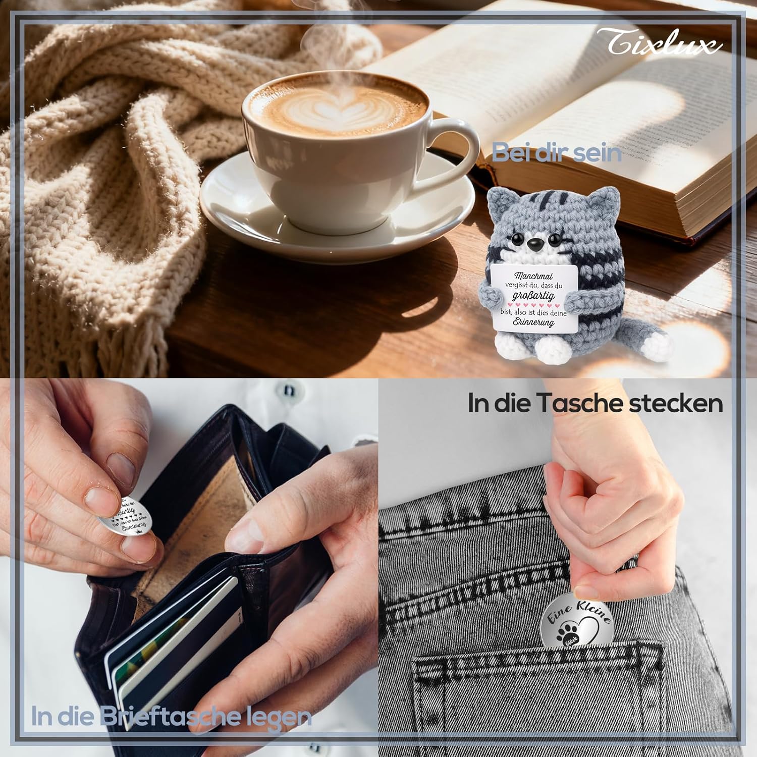 Detalle 2 de Tixlux Pocket Hug Positive Katze – handgemachte Strickfigur mit Glücksbringer, kleines Mutmacher-Geschenk