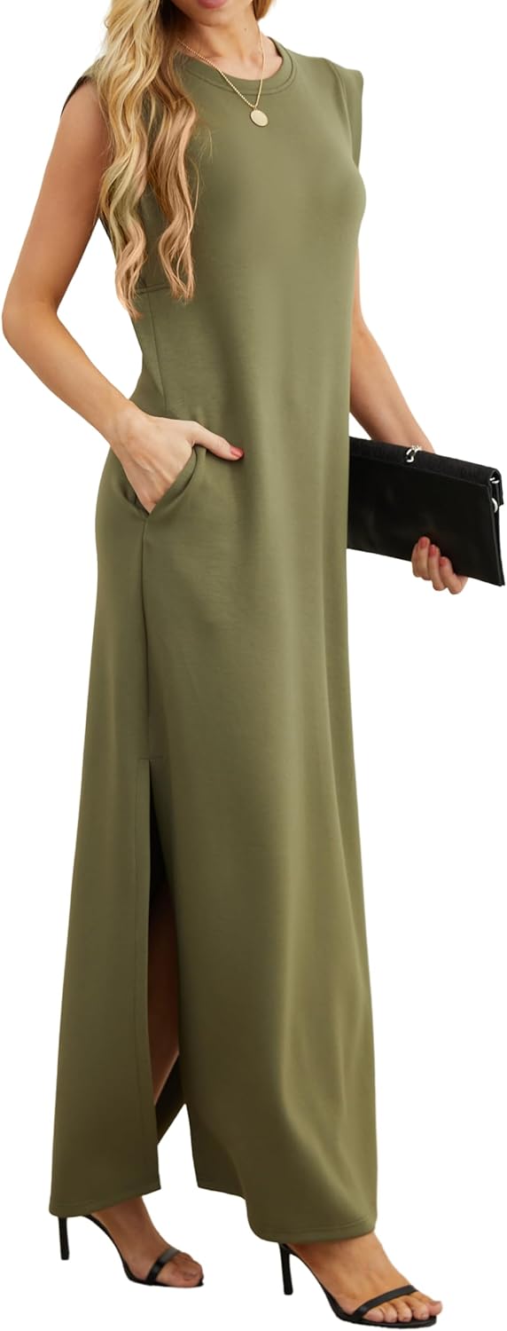 Detalle de GRECERELLE Women's Summer Maxi Dress: Sleeveless Shirt Dress with Pockets, Split Hem – UK