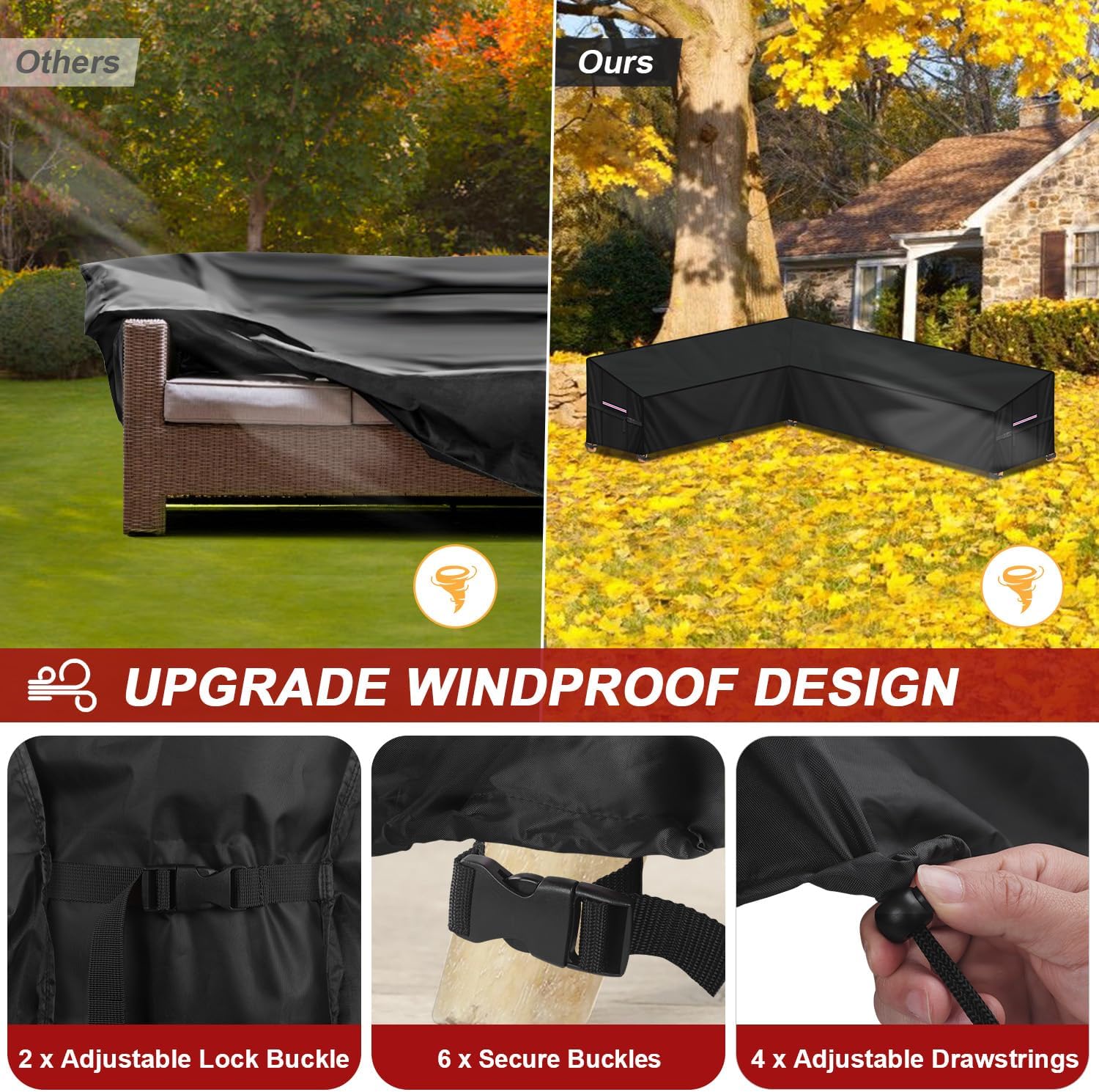 Thumbnail 2 de LAMUNI L-Shaped Garden Furniture Cover: 180x260x90x80/60cm, Waterproof 420D Oxford with UV Protection