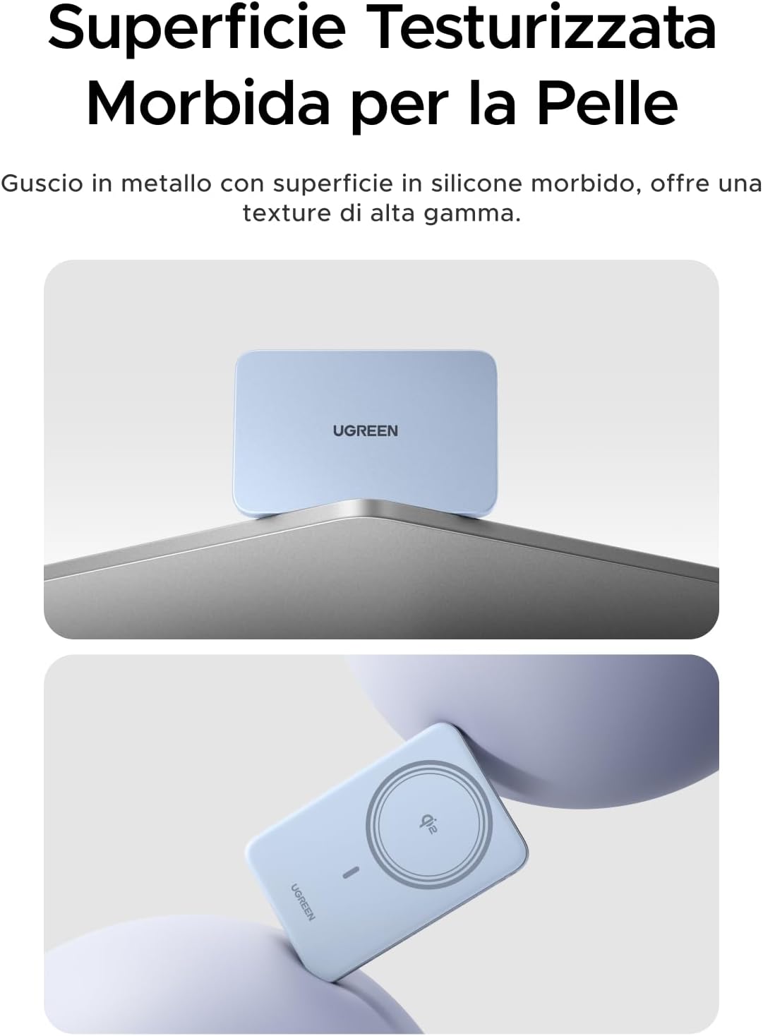 Detalle de UGREEN MagFlow Air Qi2 15W Batteria Esterna Ultrapiatta 5000mAh con USB-C PD 20W e Tecnologia MagSafe (Blu)