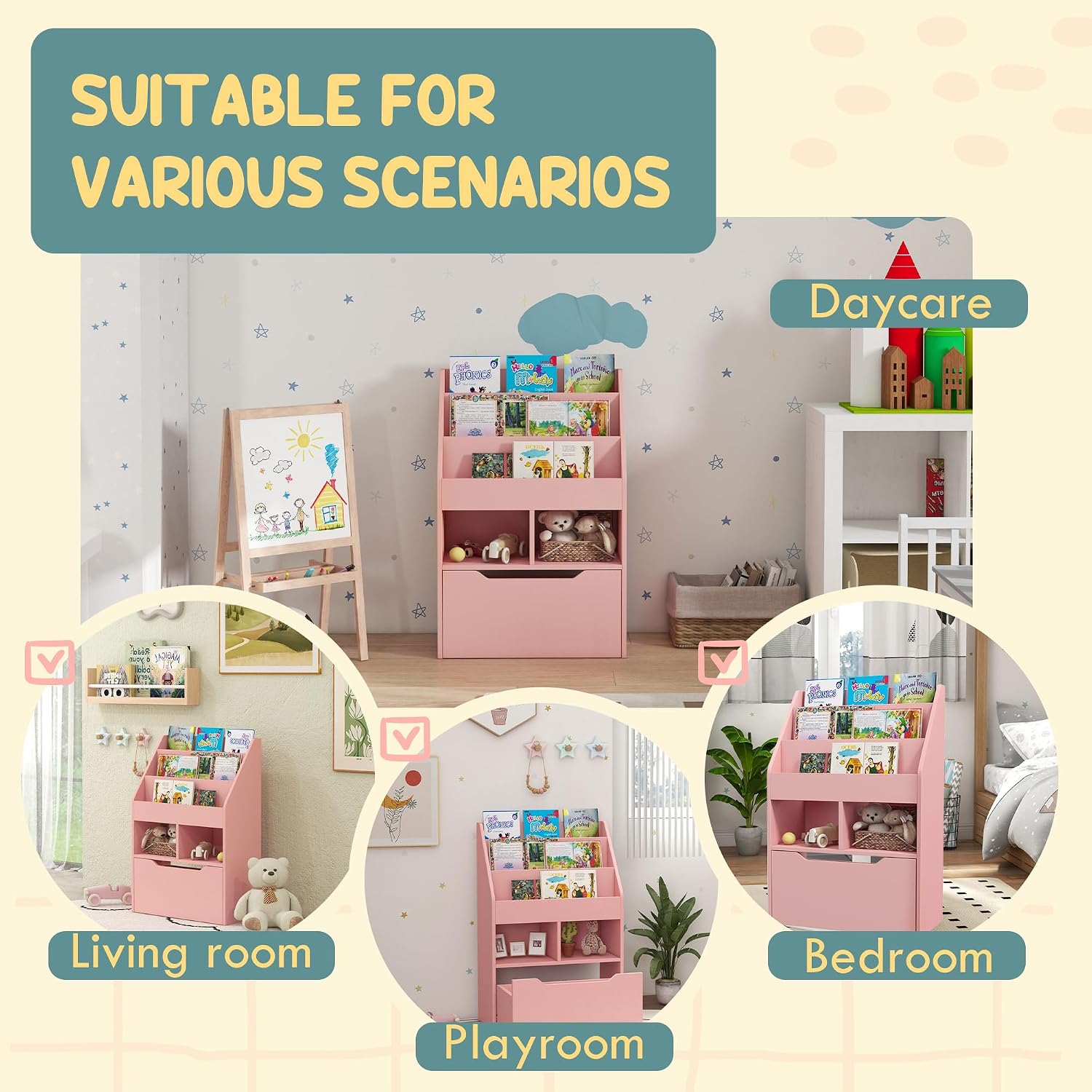 Thumbnail 6 de HOMCOM 311-048V80PK Kids Bookcase, Pink, 3 Shelves and Wheeled Drawer