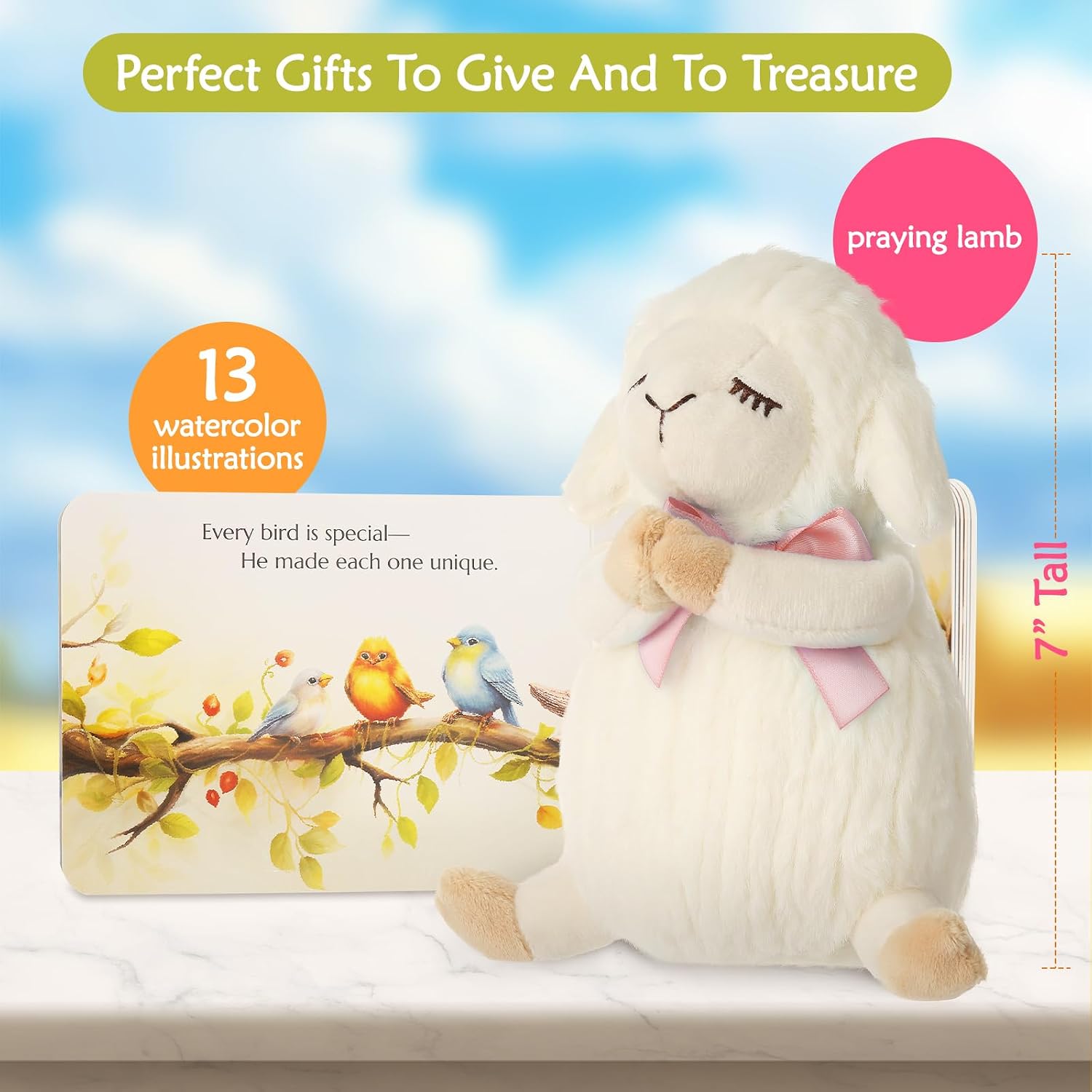 Detalle 2 de Sawnfay Baptism Gifts for Girls & Newborns: 7" Praying Lamb Plush Toy and Bedtime Blessing Book Set