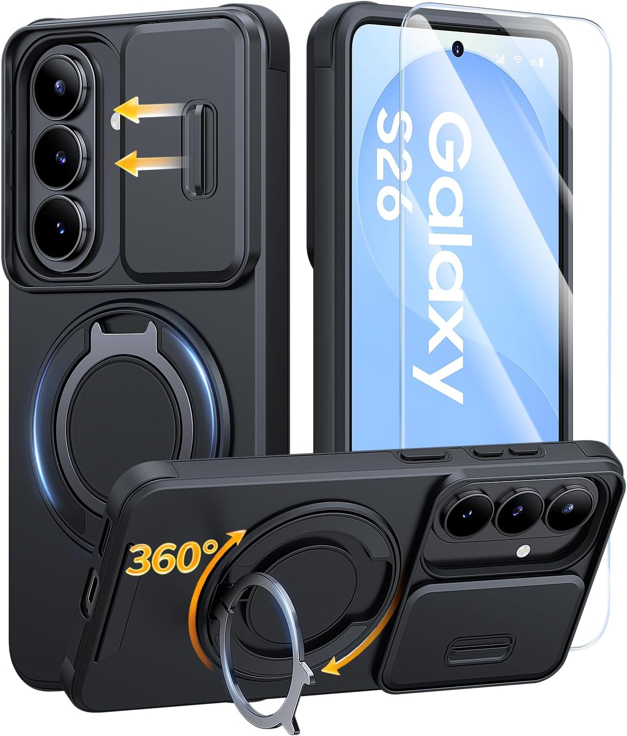 Detalle de JAME for Samsung Galaxy S26 Case with Ring Holder, Camera Slide Cover, Screen Protector, and Magnetic Accessories (Black)