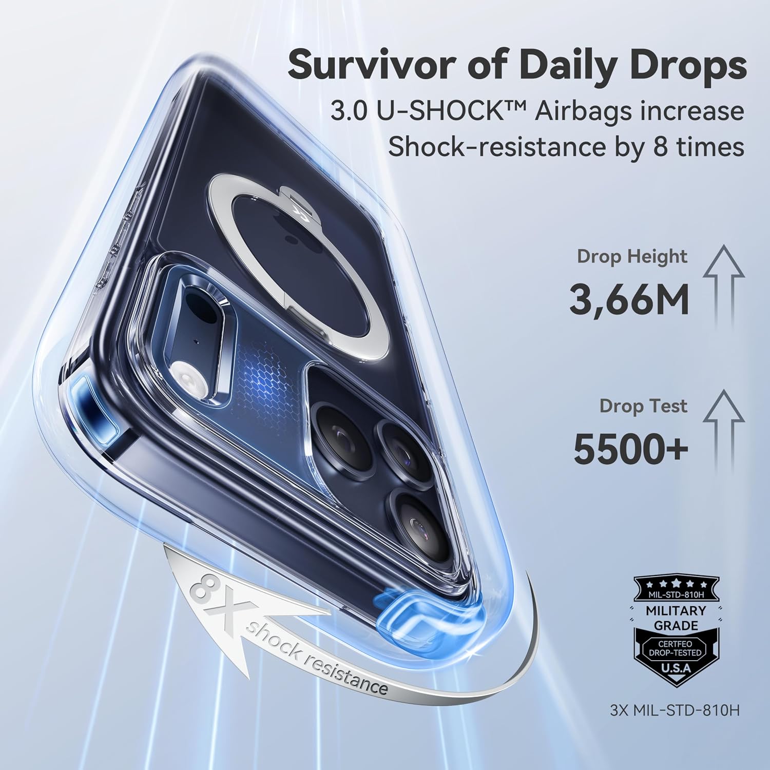 Thumbnail 6 de CASEKOO Clear for iPhone 17 Pro Case with 360 Spin Magnetic Stand — Clear, Military-Grade Protection