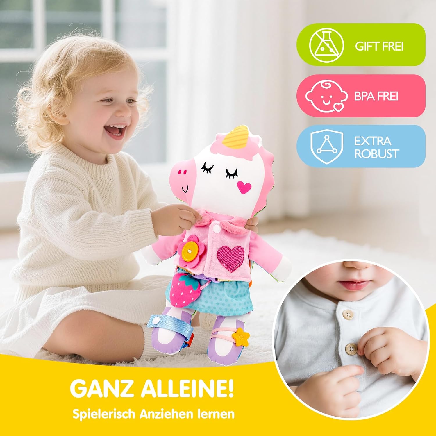 Detalle 2 de hahaland Montessori Doppelpuppe Dino-Einhorn mit 15 Alltagsfähigkeiten (ab 1 Jahr)