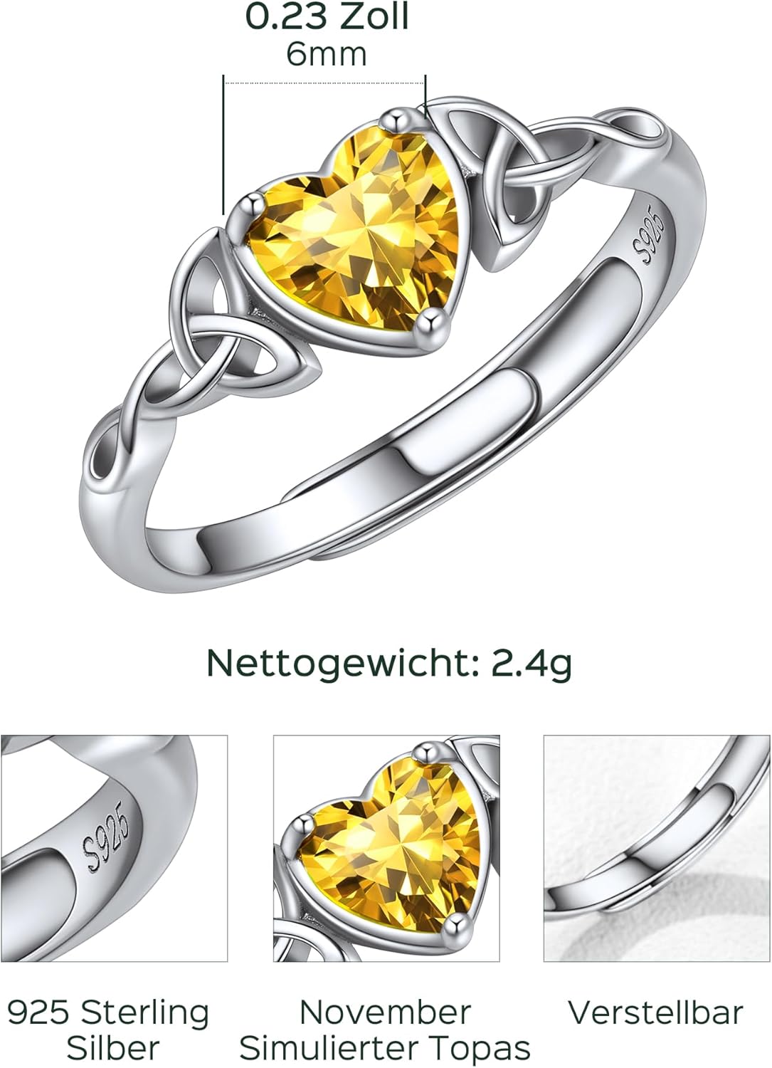 Thumbnail 3 de ChicSilver Ring 925 Silber Damen Verstellbarring mit Zirkonia – Herz, Keltischer Knot und Birthstone