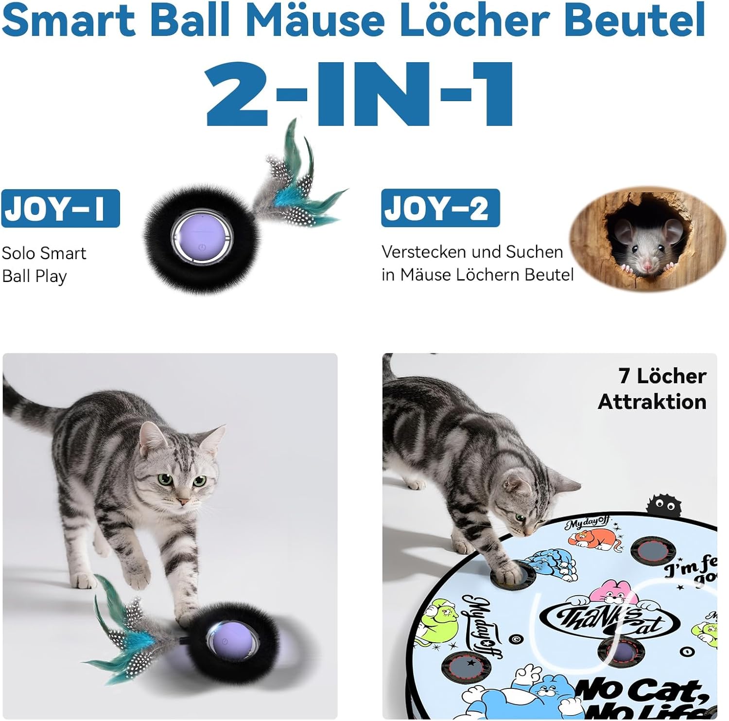Detalle 2 de Zeepet Katzenspielzeug für drinnen – interaktiver Katzenspielball mit Labyrinthmatte, 7 Löcher und Federschwanz