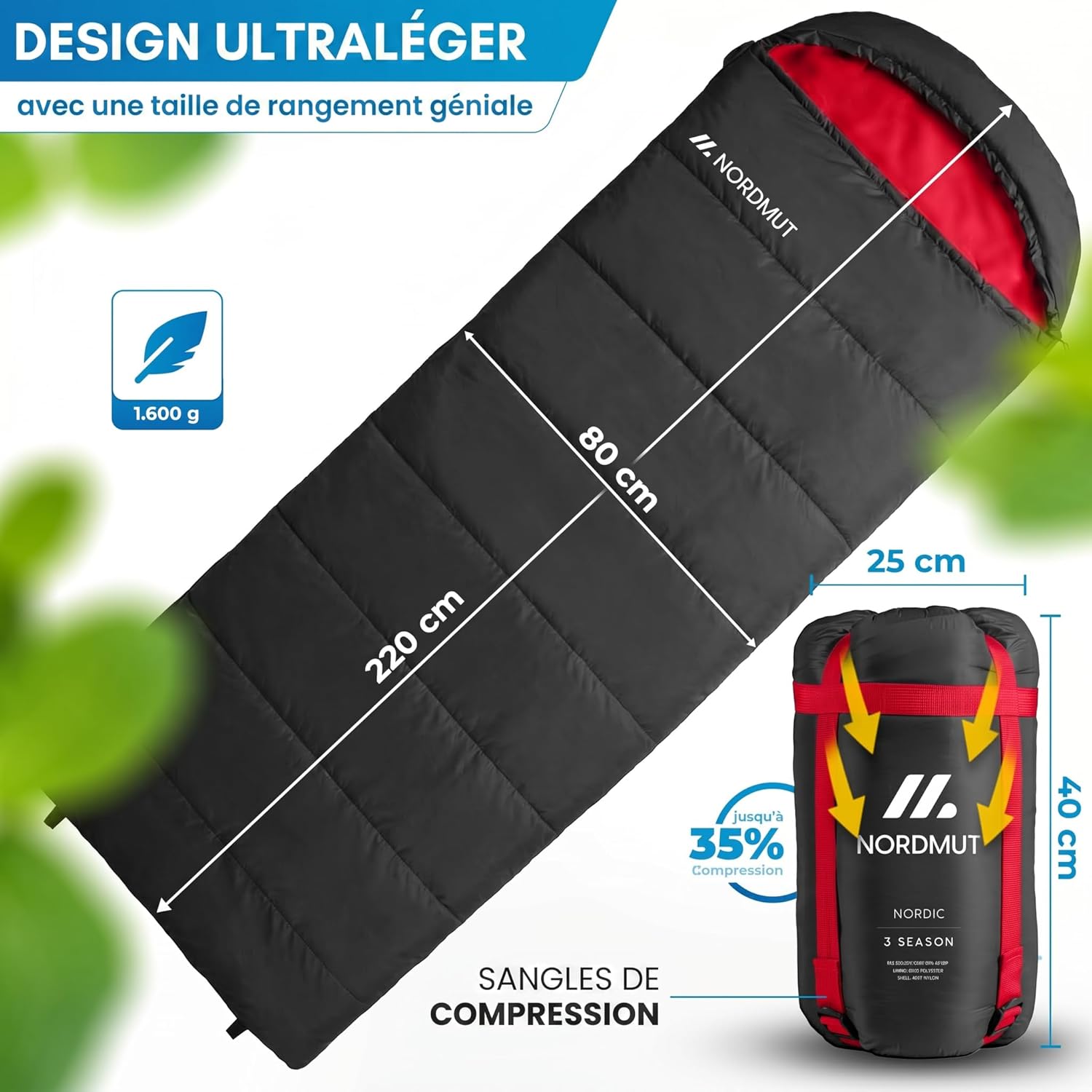 Thumbnail 4 de NORDMUT Sac de Couchage Couverture Adulte – 220 x 80 cm, ultra‑léger et compact (1600 g) avec fermeture éclair YKK double sens