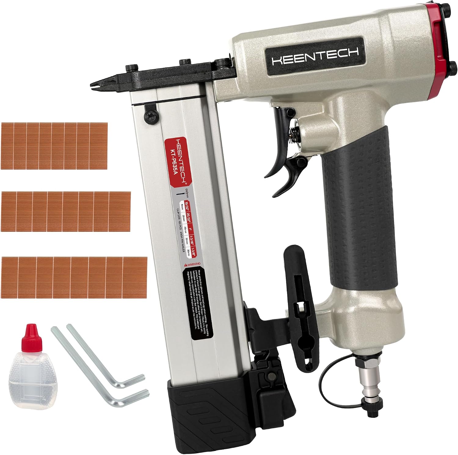 Detalle de KEENTECH KT-P635A 23-Gauge Pneumatic Pin Nailer with 2,160 Pins