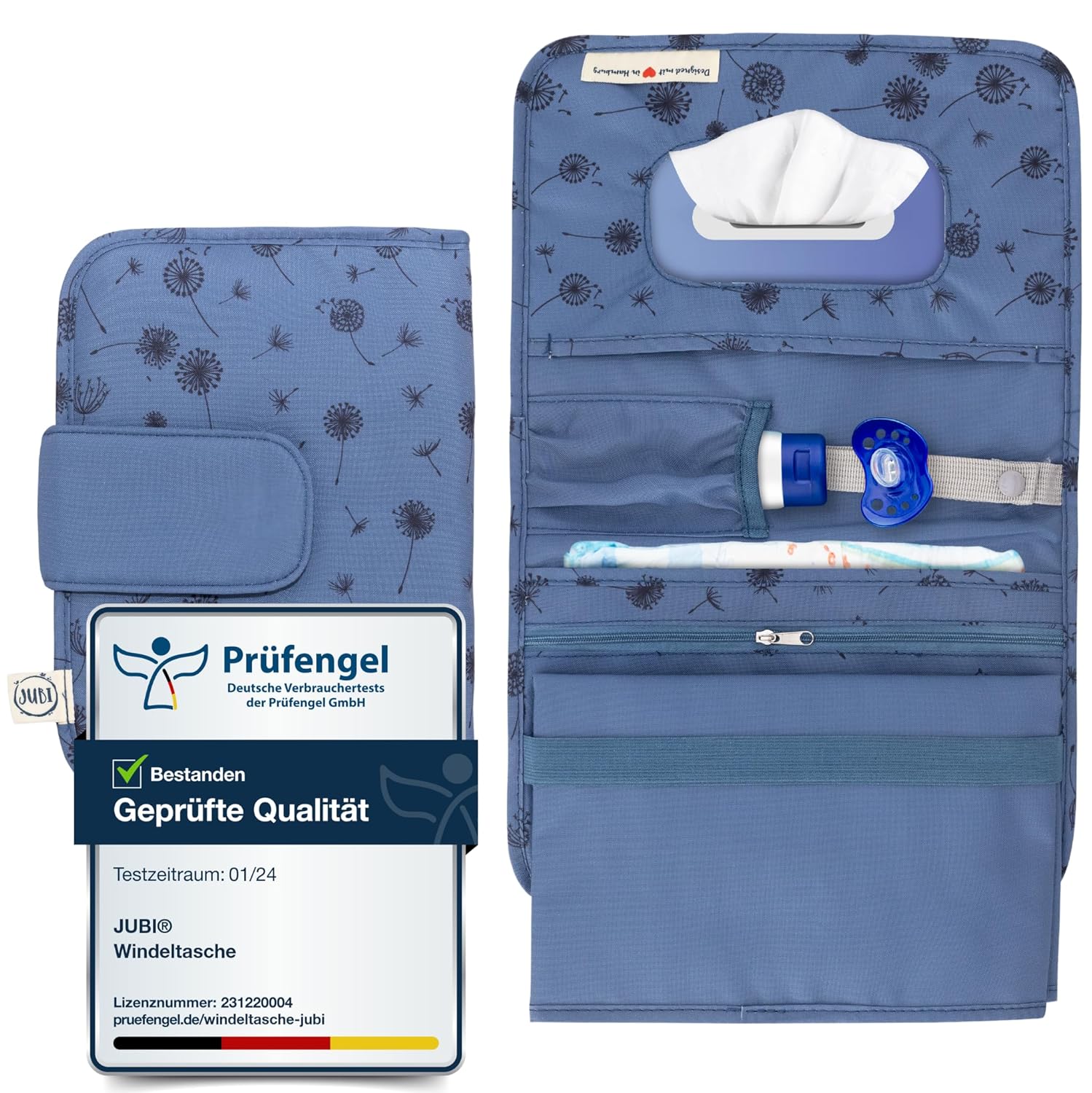 Detalle de Jubi Windeltasche mit Wickelunterlage für unterwegs – Blau mit Pusteblumen (Klettverschluss)