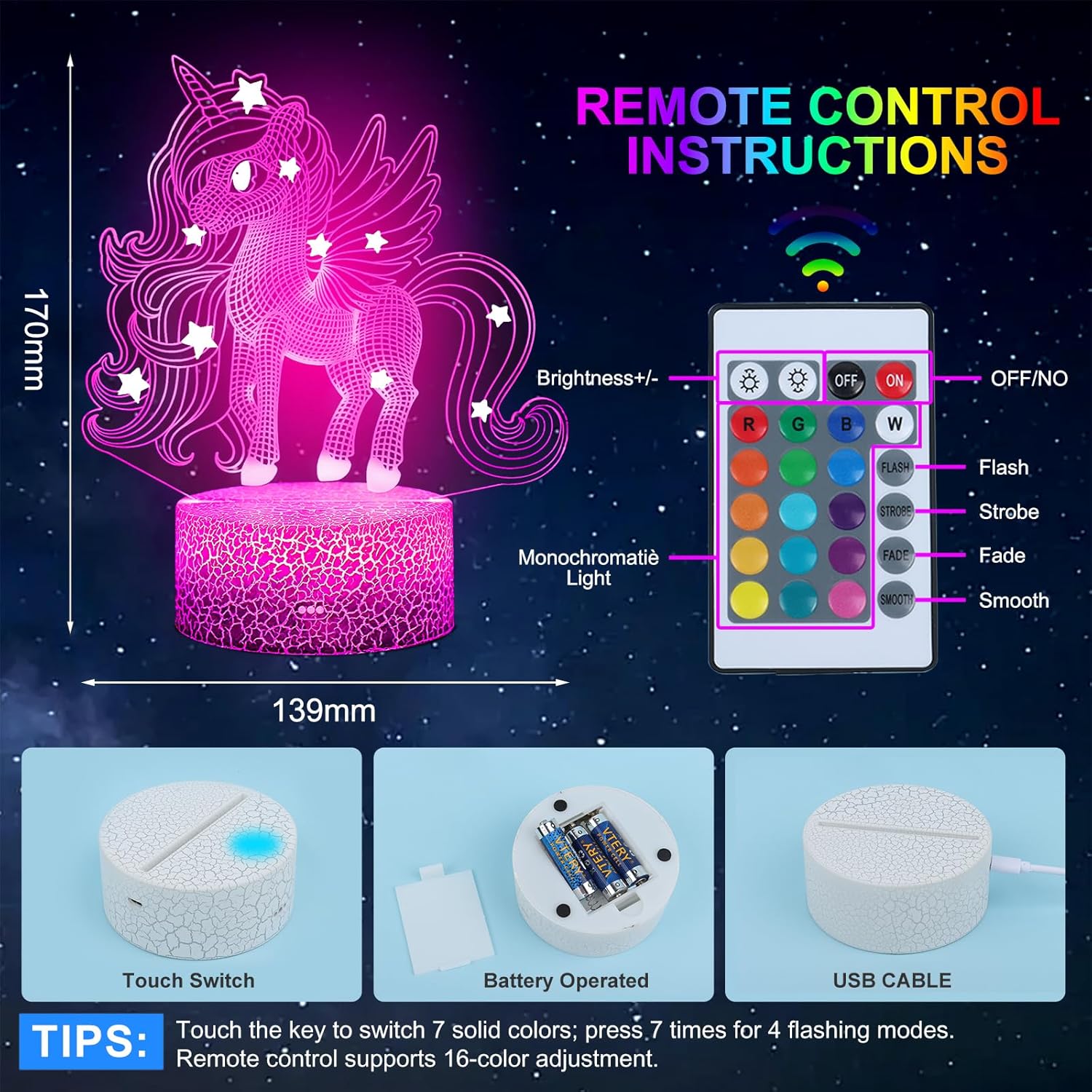 Detalle 2 de UneedMe Regali unicorno lampada 3D 16 colori