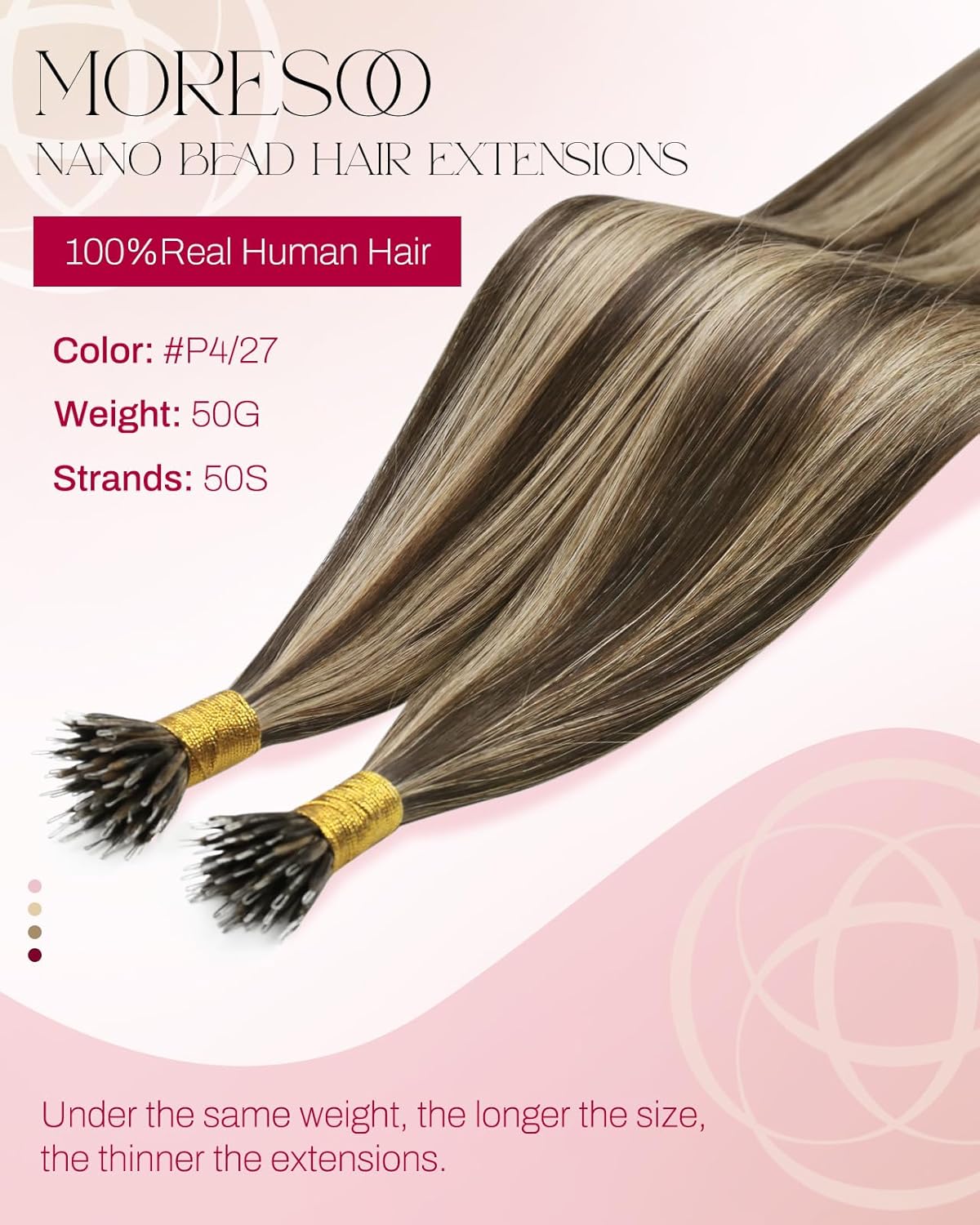 Thumbnail 1 de Moresoo Nano Hair Extensions Real Human Hair – Dark Brown with Caramel Blonde Nano Beads (22 Inch, 50g/Pack, 1g per strand)