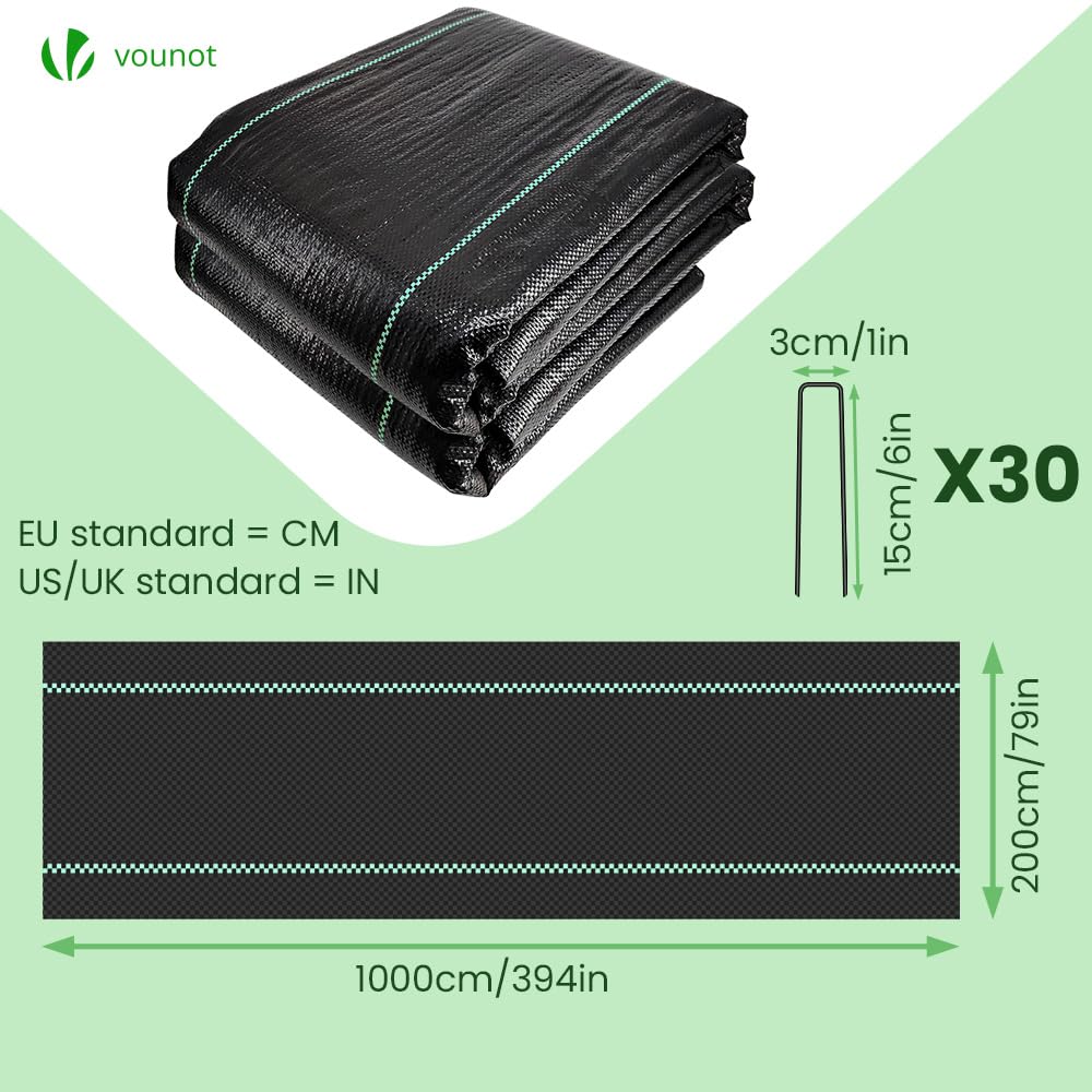 Detalle 2 de VOUNOT Unkrautvlies 2x10m mit 30 Bodenankern – strapazierfähiges Mulchvlies, 100 g/m², PP-Gewebe