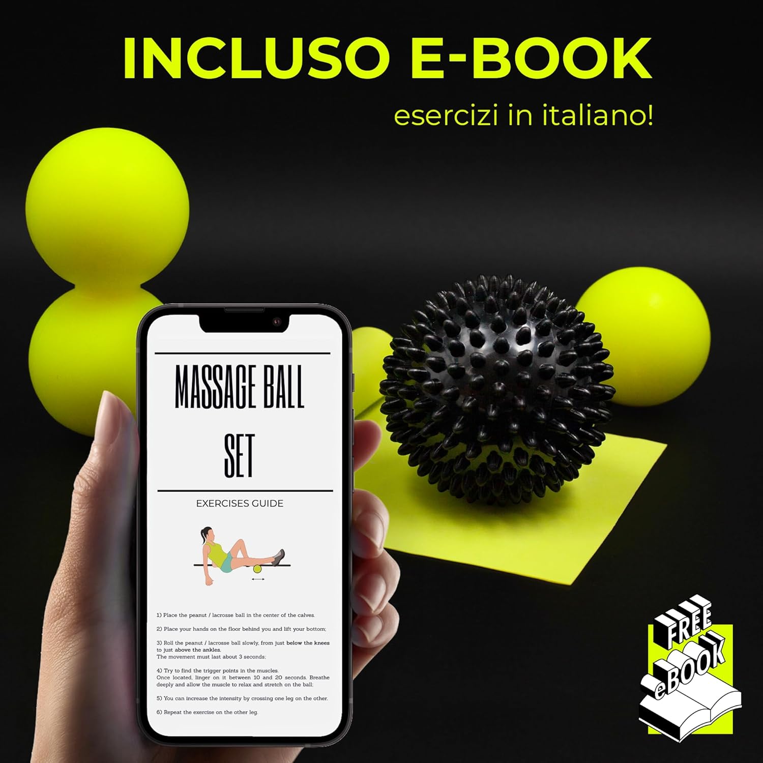 Detalle de KALAHARI Palline per Massaggio SET 4 in 1 con Ebook in italiano – Trigger Point, Automassaggio Miofasciale e fascia elastica