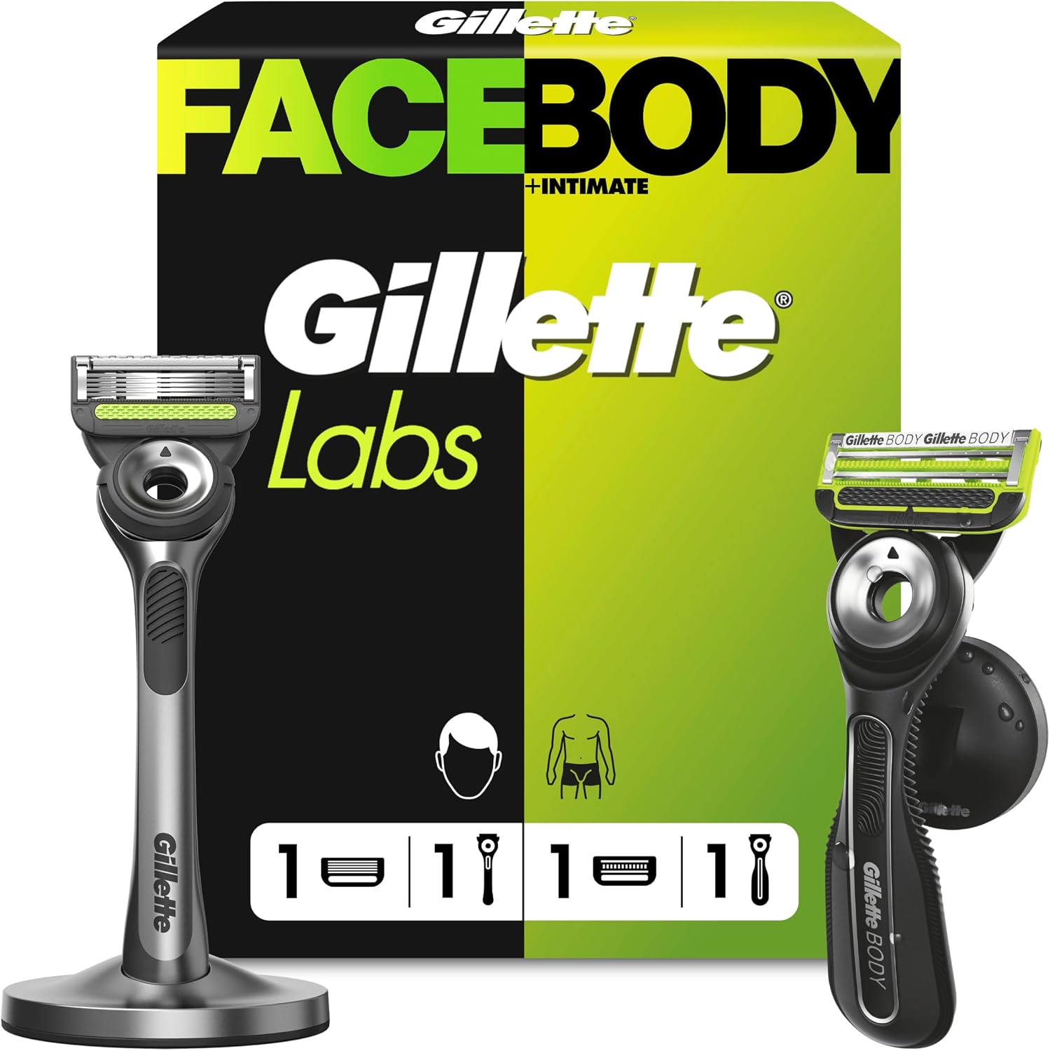 Gillette Labs Body + Intimate kit rasage homme : 2 rasoirs, exfoliant visage et support magnétique