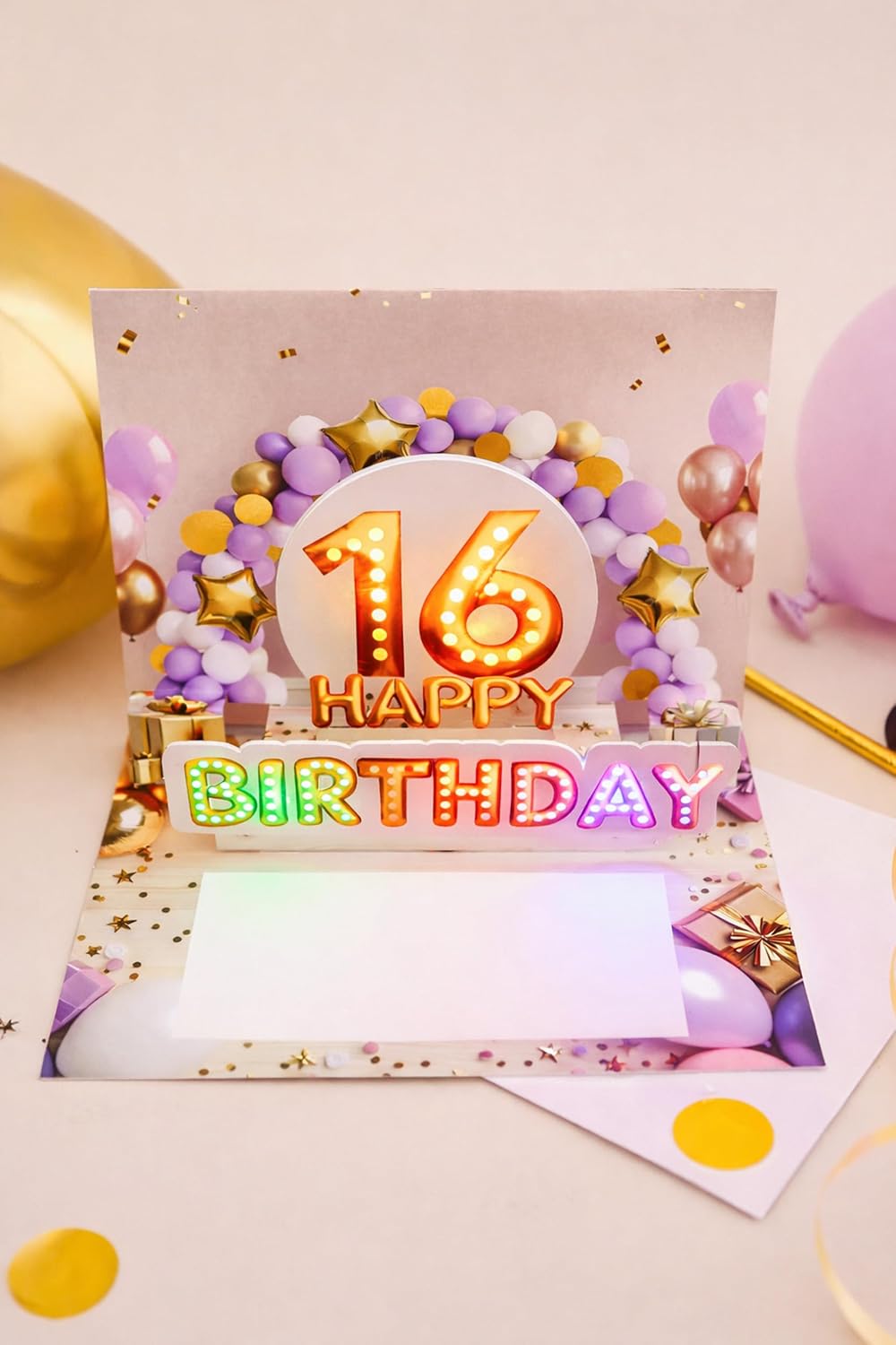 Detalle de Joli Coon Biglietto Auguri 16 Anni Ragazza – biglietto 3D pop up con musica e luce, busta e sigillo