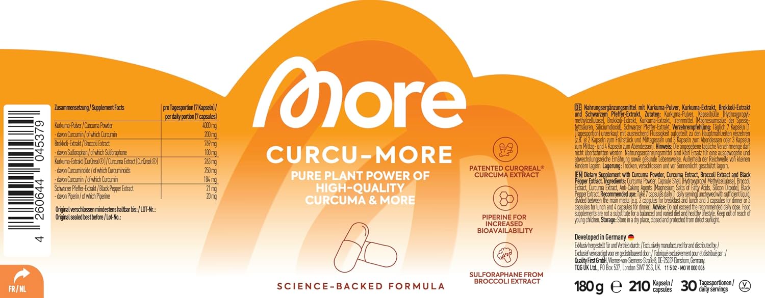 Thumbnail 3 de MORE Curcumore Kurkuma-Kapseln (180 g) mit Curcuminoiden, Sulforaphan und Piperin – vegan