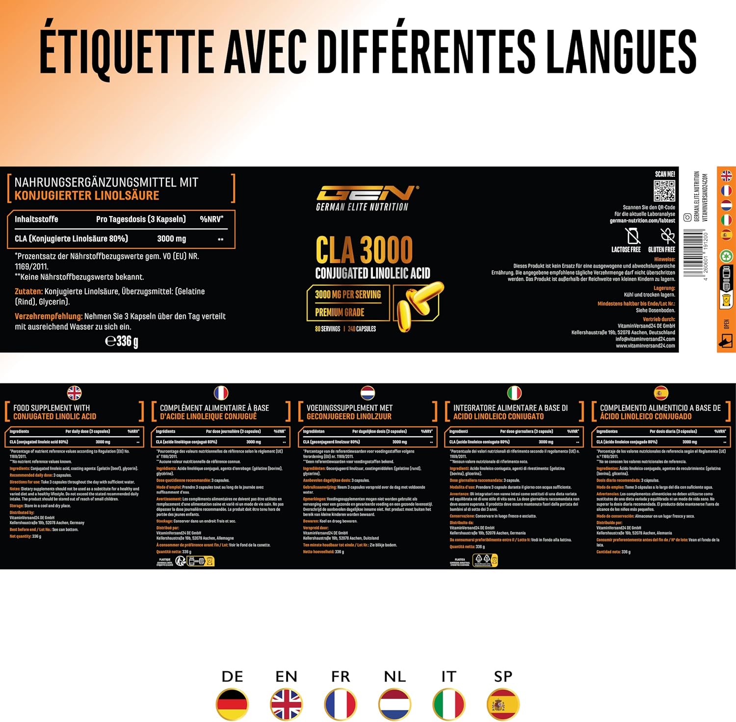 Detalle de CLA 240 gélules 1000 mg (3000 mg/jour) – Acide Linoléique Conjugué pur – German Elite Nutrition