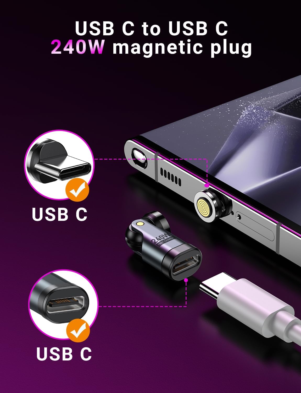 Detalle de VAFOTON 240W USB‑C Magnet Adapter – 2er Set, 9‑Pin Magnetischer Adapter mit 540° Drehung