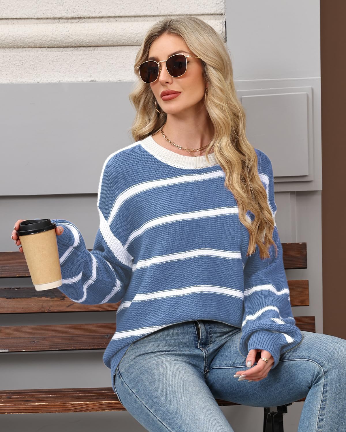 Detalle de Quatrefox Gestreifter Damen-Pullover mit Rundhals und Langarm im Loose-Fit