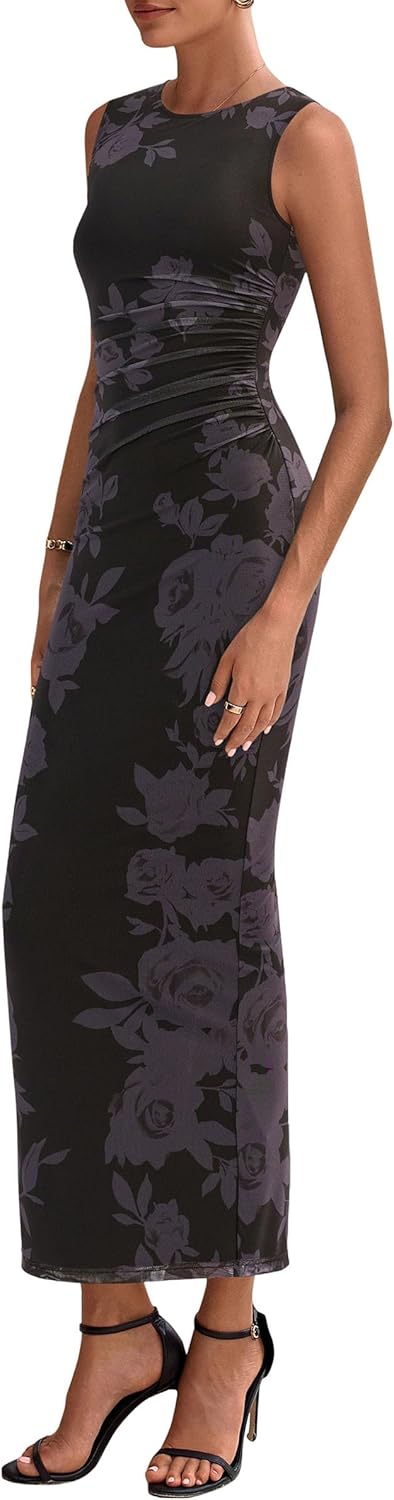 Thumbnail 3 de PRETTYGARDEN Womens Summer Wedding Guest Dress 2026 Mesh Sleeveless Bodycon Ruched Floral Maxi