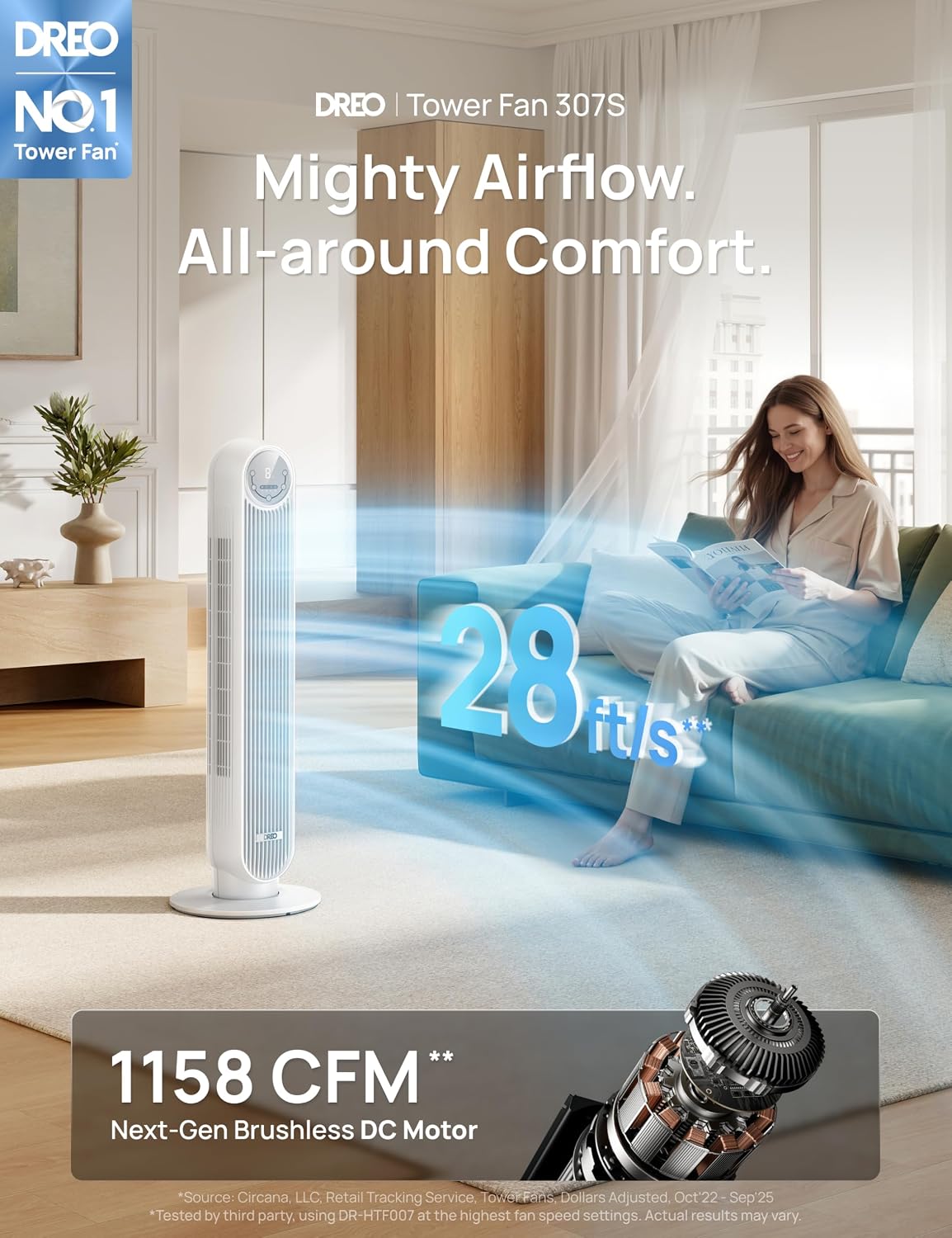 Detalle 2 de DREO Tower Fan for Bedroom (2026 Upgraded DC Motor) — Quiet, Smart, and Versatile Cooling