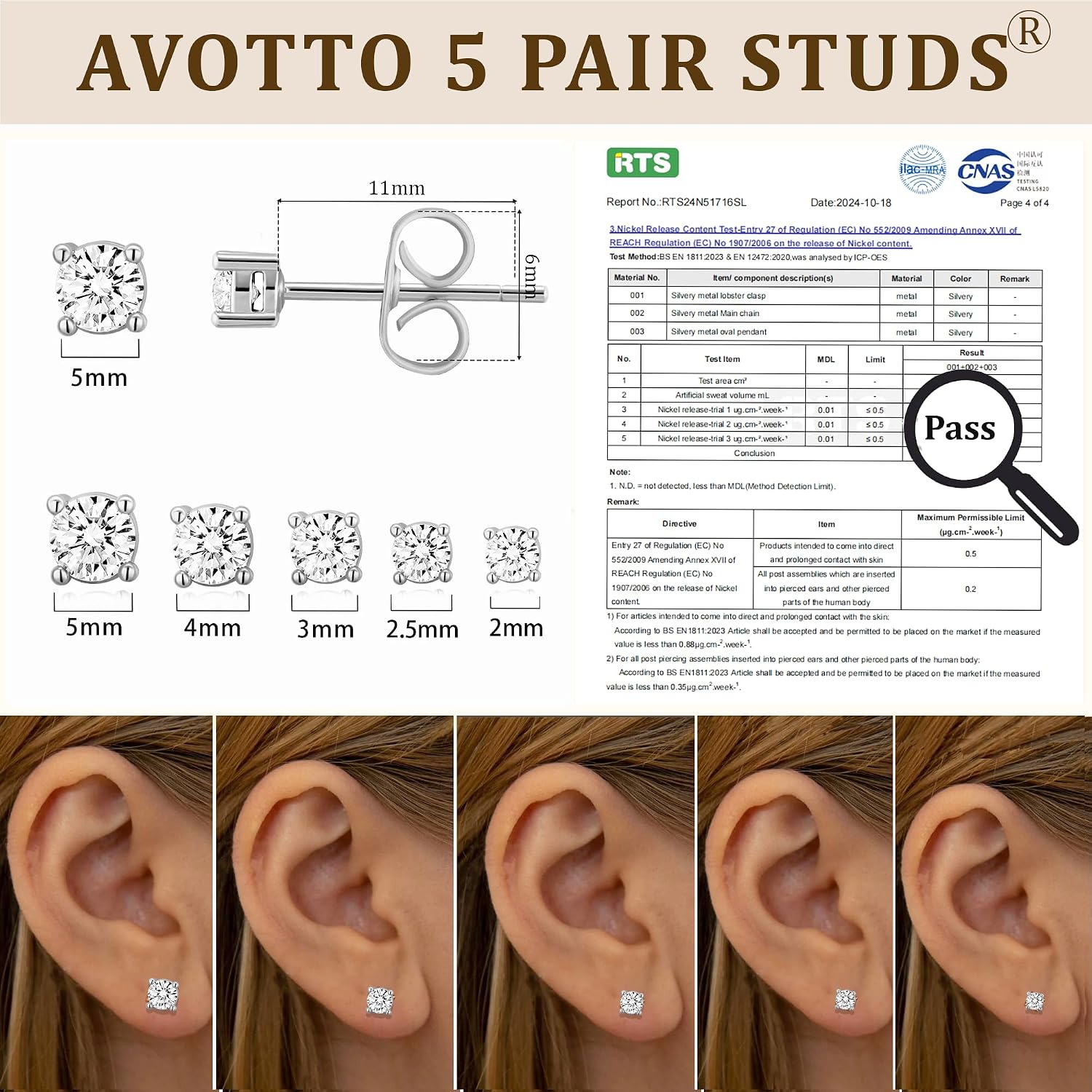 Thumbnail 1 de AVOTTO 5 Pairs Stud Earrings for Women – Hypoallergenic S925 Silver Set