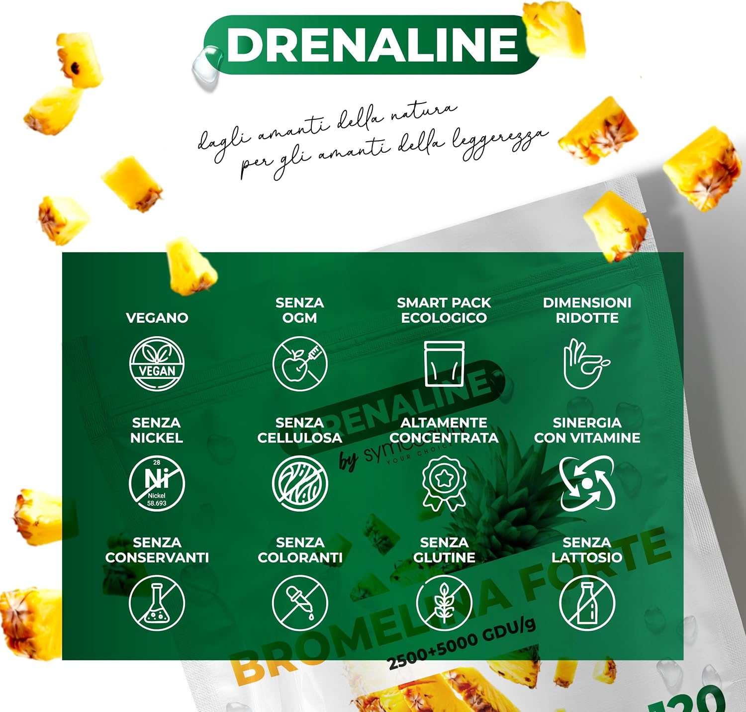 Detalle 2 de Symbeauty Bromelina Forte Drenaline 120 Cpr (4 mesi) – Complex Vegano, Made in Italy