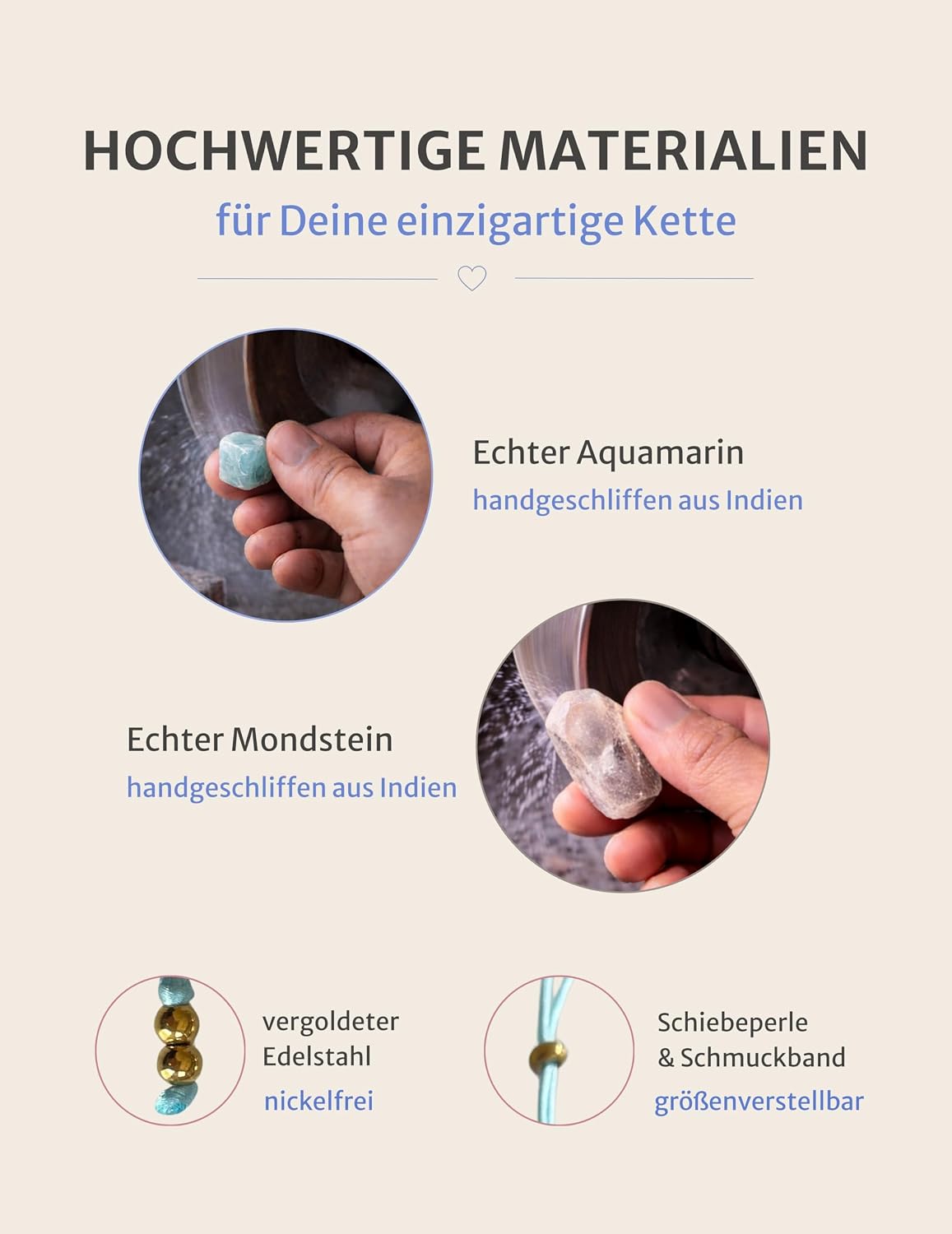 Thumbnail 5 de happymaker Edelstein Ketten: Heilstein Kette Damen mit Aquamarin & Mondstein, 70 cm verstellbar