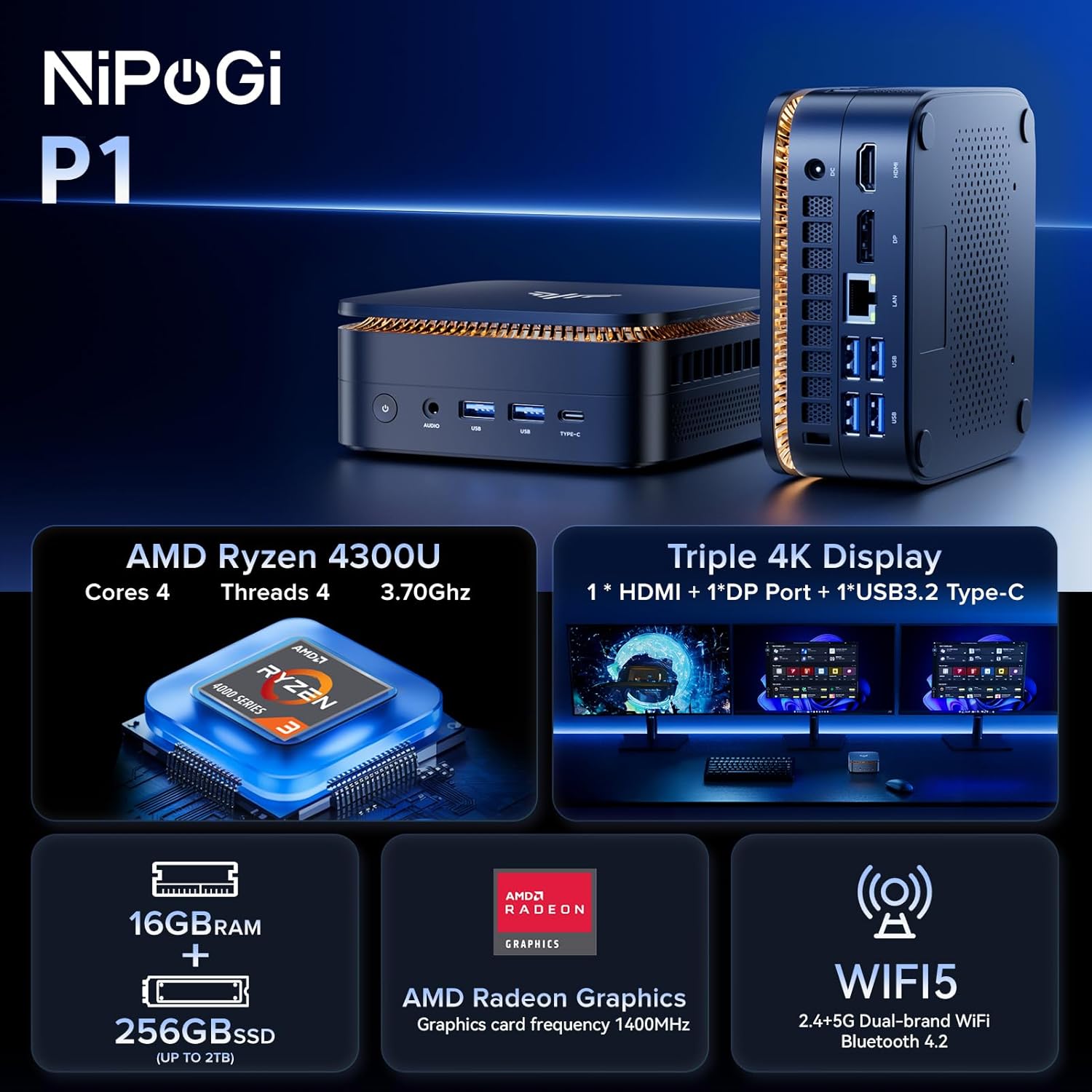 Thumbnail 1 de NiPoGi Pinova P1 Mini PC with AMD Ryzen 4300U – Compact Power for Home Office and Entertainment