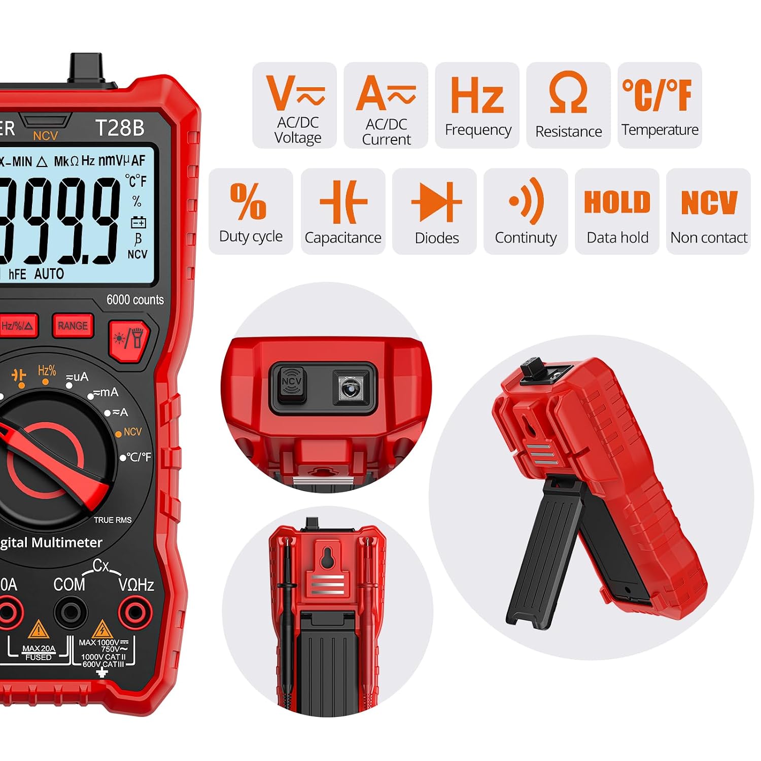 Detalle 2 de PROSTER T28B TRMS Multimeter, 6000-Count, 20A, NCV and Temperature