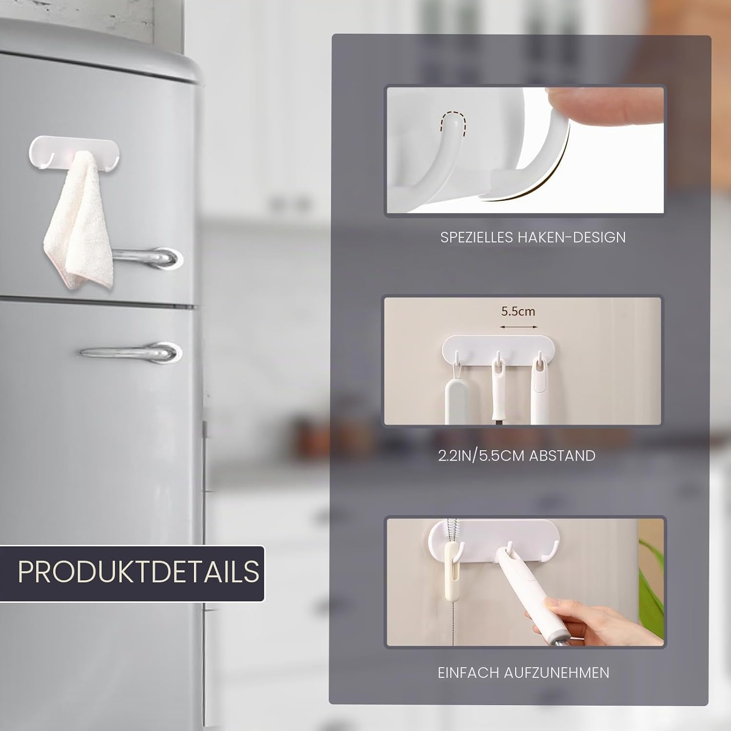 Detalle de 2er-Pack Magnetischer Schlüsselhalter mit 3 Haken – ideal für Kühlschrank, Küche und Waschküche
