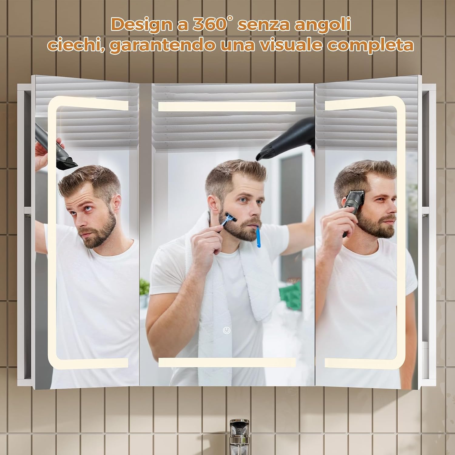 Detalle de mojiasion Specchio Bagno LED con Presa Elettrica + USB e specchi 360° (80x16x60 cm) sospeso, 3 ripiani regolabili, bianco
